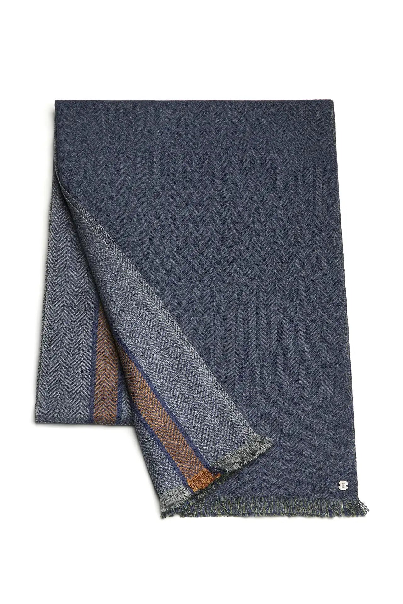 (Grau) Herrenschal Fischgrat Baumwolle – gefaltet mit Kontraststreifen und Fransen