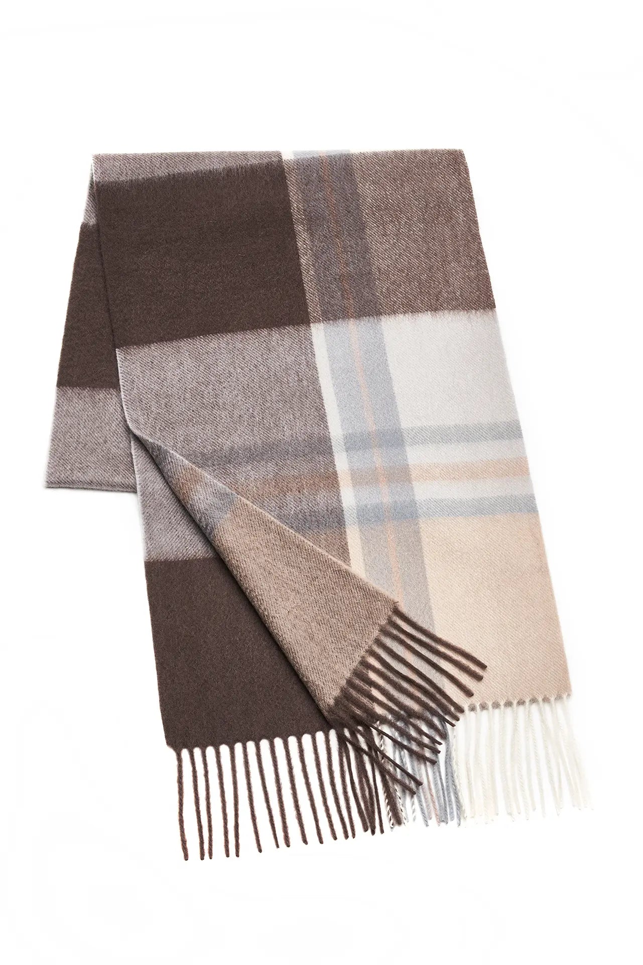 (Beige) Cashmere Schal Herren kariert 100% Kaschmir – gefaltet mit Fransen