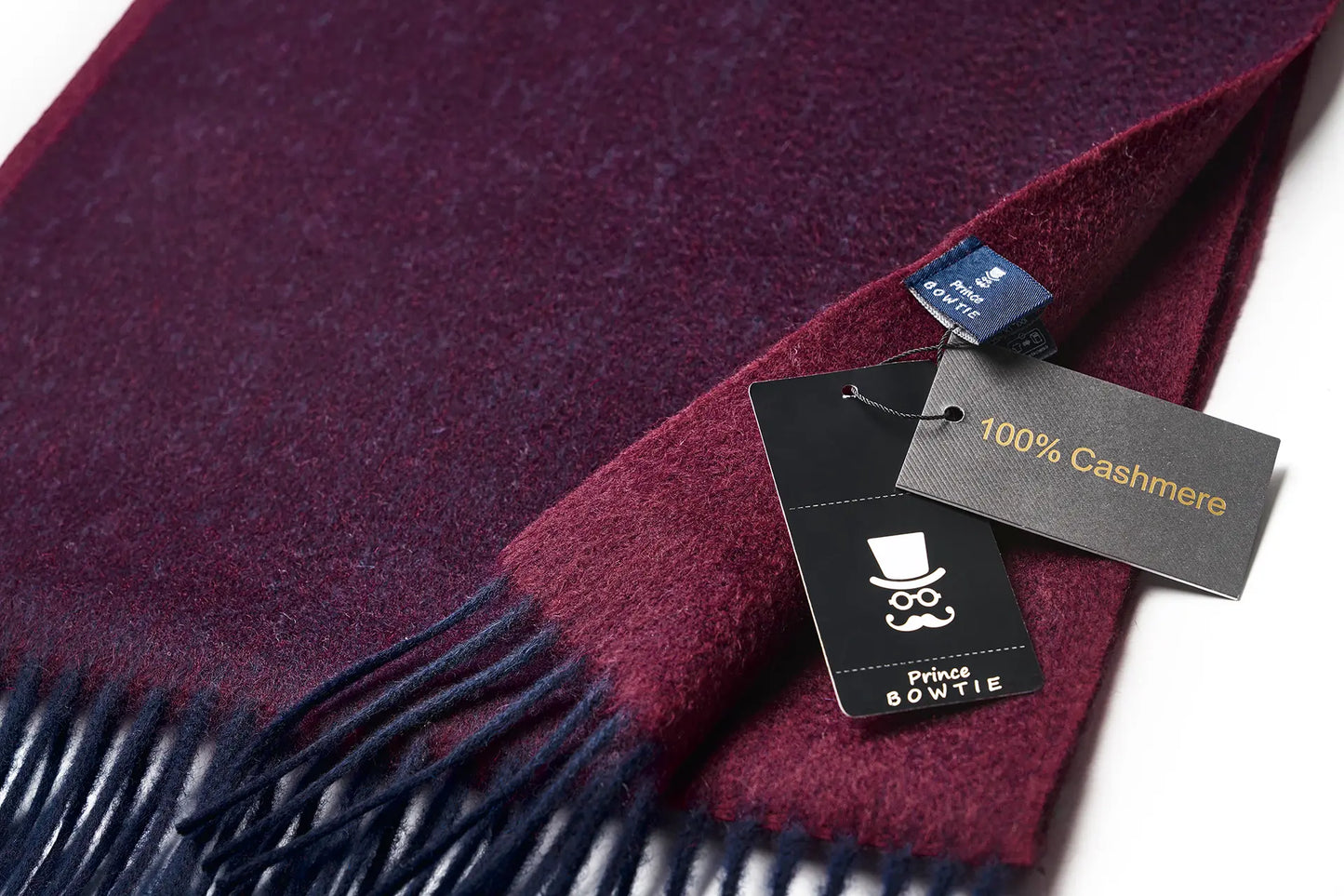 (Bordeaux) Kaschmirschal 100% Cashmere – Detailansicht Prince Bowtie Label