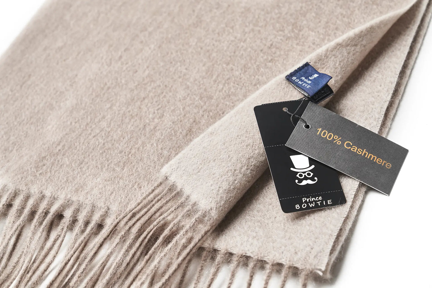 (Beige) Kaschmirschal 100% Cashmere – Detailansicht Prince Bowtie Label
