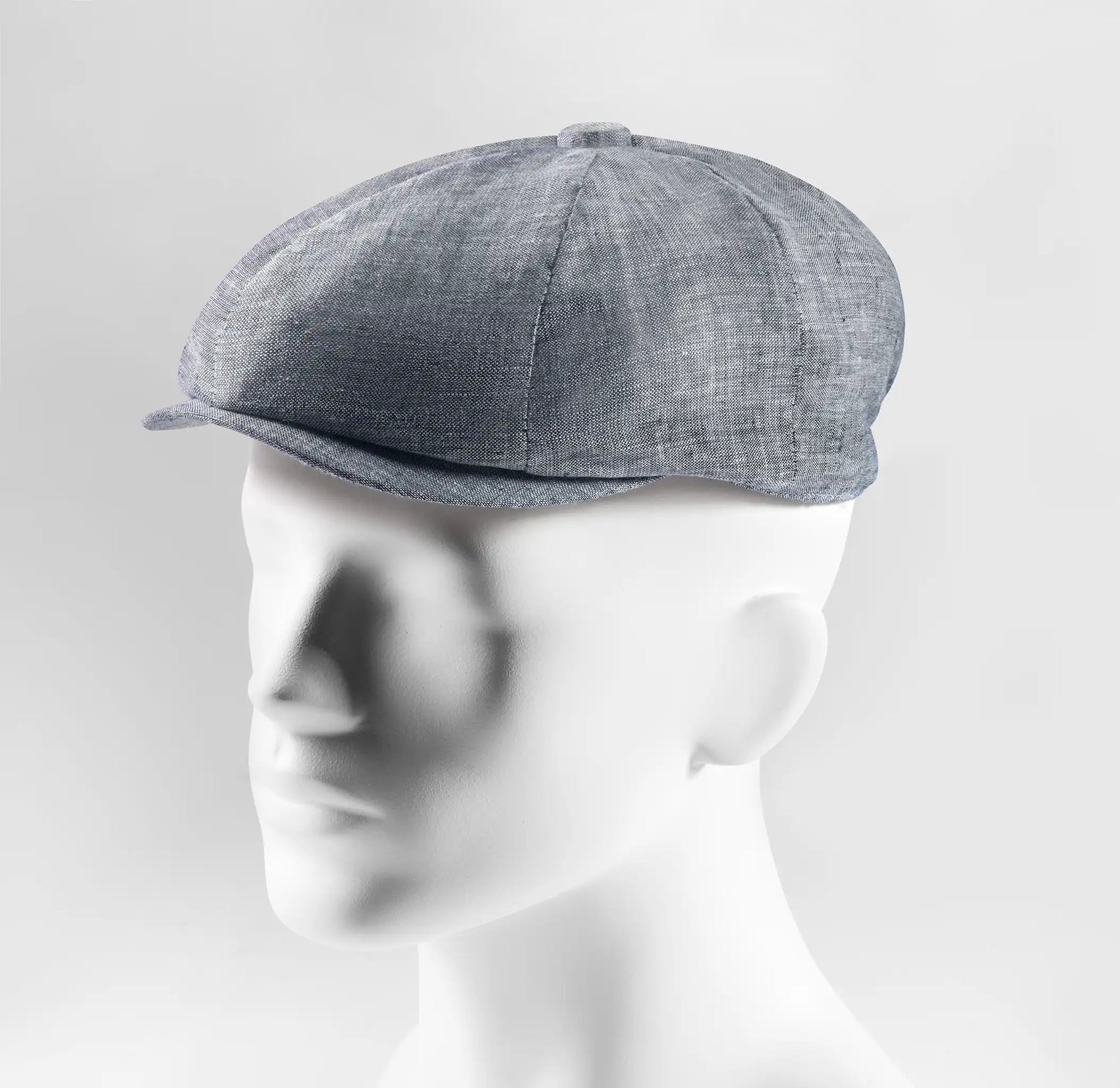 (Blau) Ballonmütze Herren Leinen – Newsboy Cap seitliche Ansicht auf Mannequin