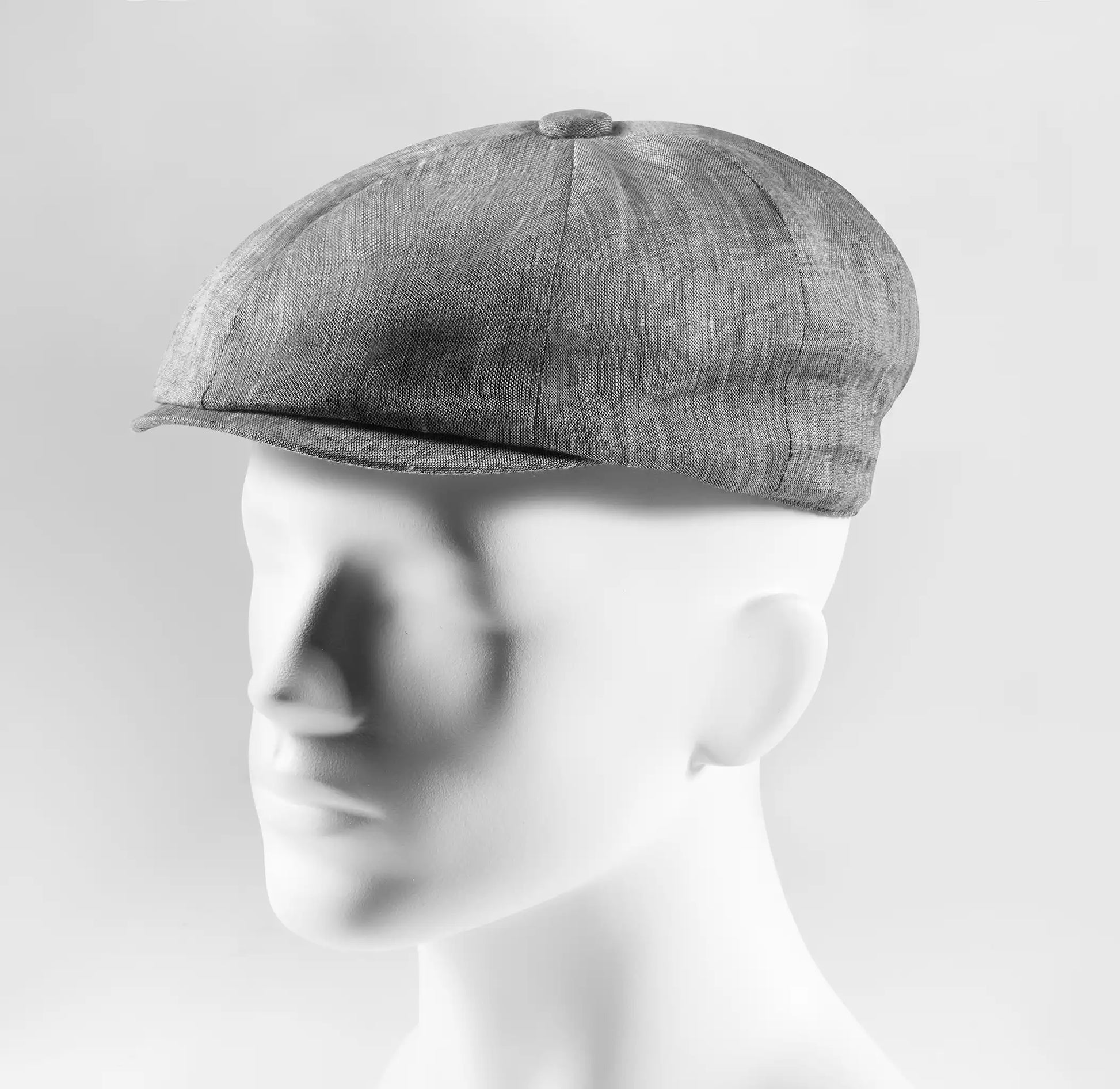 (Grau) Ballonmütze Herren Leinen – Newsboy Cap seitliche Ansicht auf Mannequin