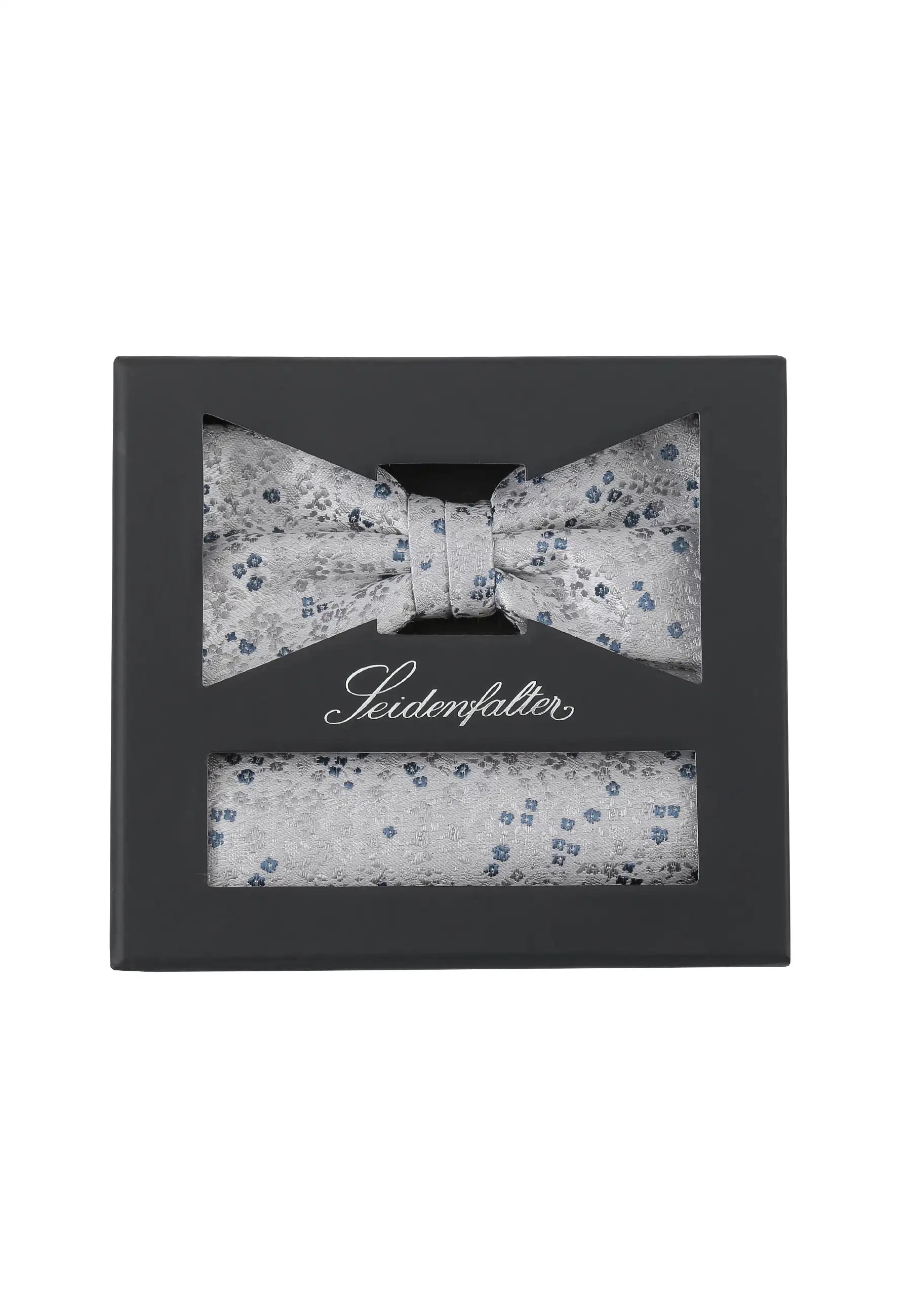 (Hellgrau) Seidenfalter Fliege-Einstecktuch Set in Geschenkbox, florales Muster