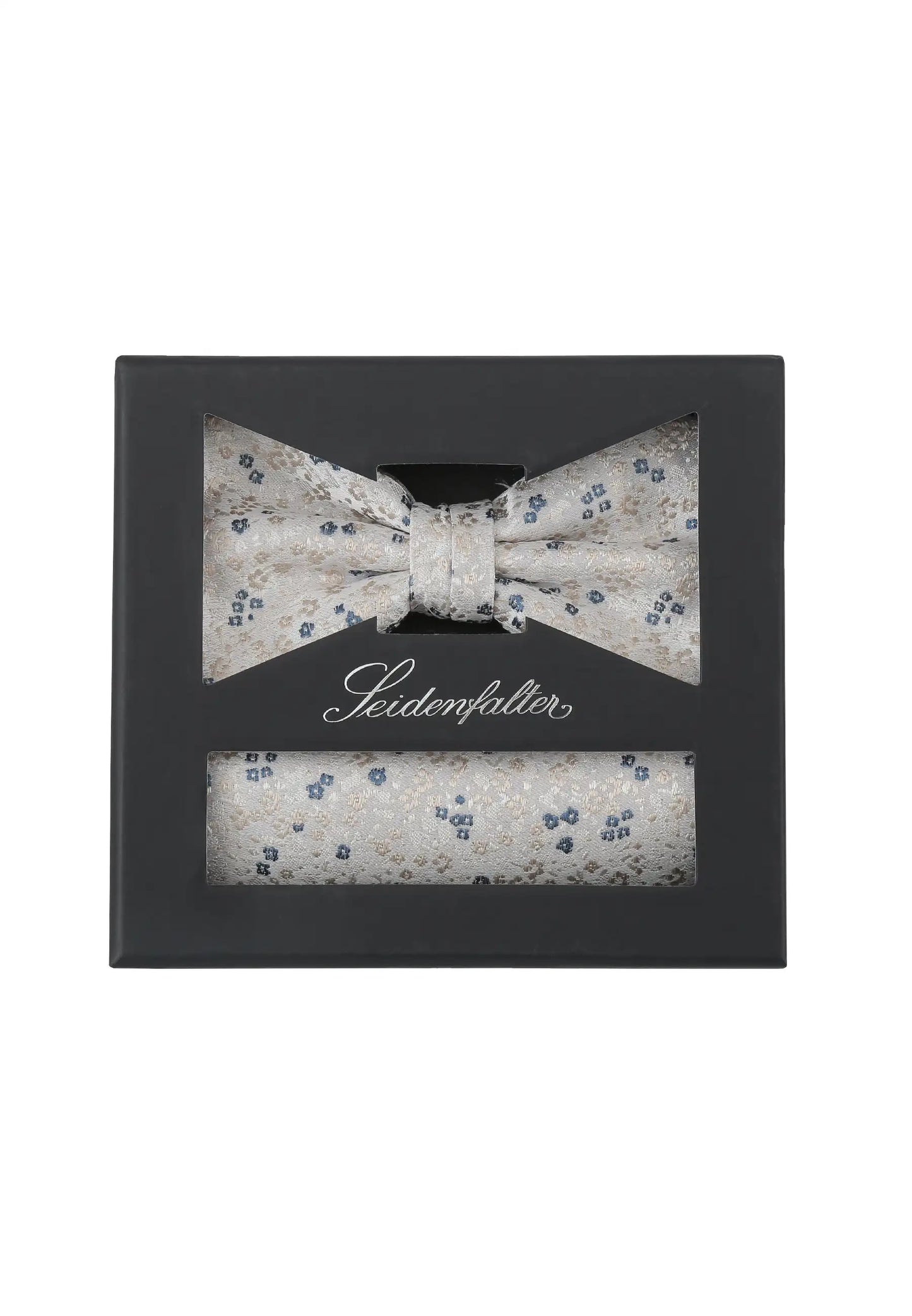 (Beige) Seidenfalter Fliege-Einstecktuch Set in Geschenkbox, florales Muster