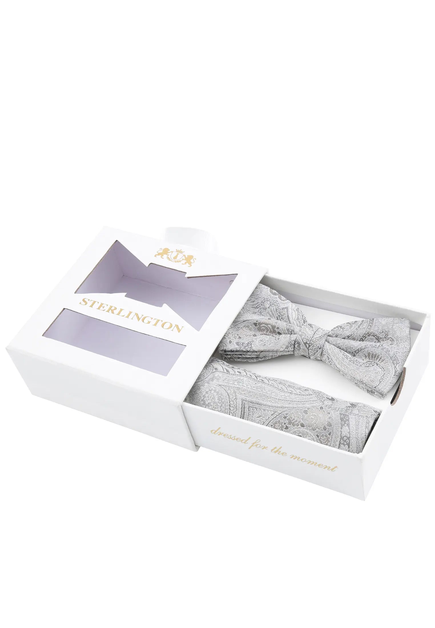 (Silber) Fliege Einstecktuch Set Sterlington – Geschenkbox schräg geöffnet