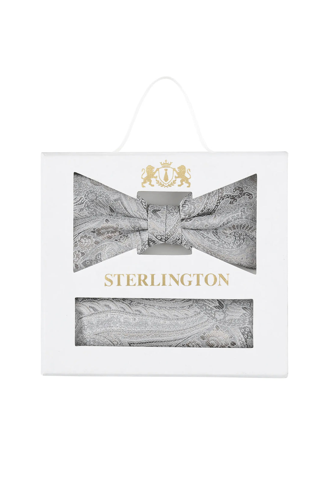 (Silber) Fliege Einstecktuch Set Paisley Seide – Sterlington Geschenkbox Frontalansicht