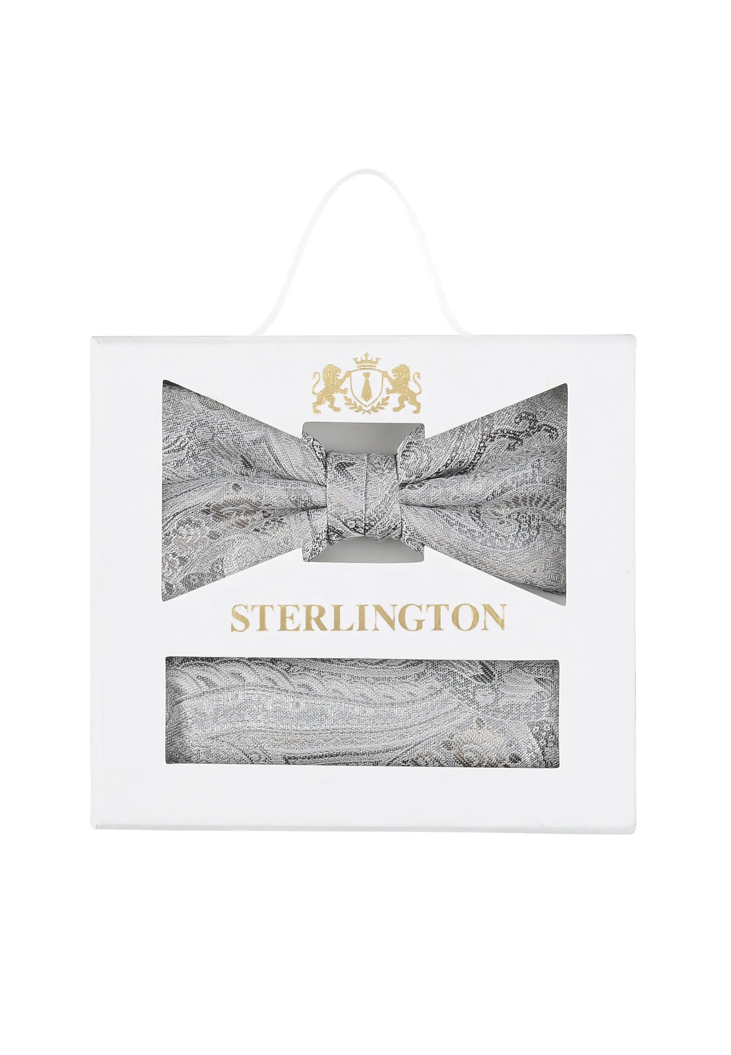 (Silber) Fliege Einstecktuch Set Paisley Seide – Sterlington Geschenkbox Frontalansicht