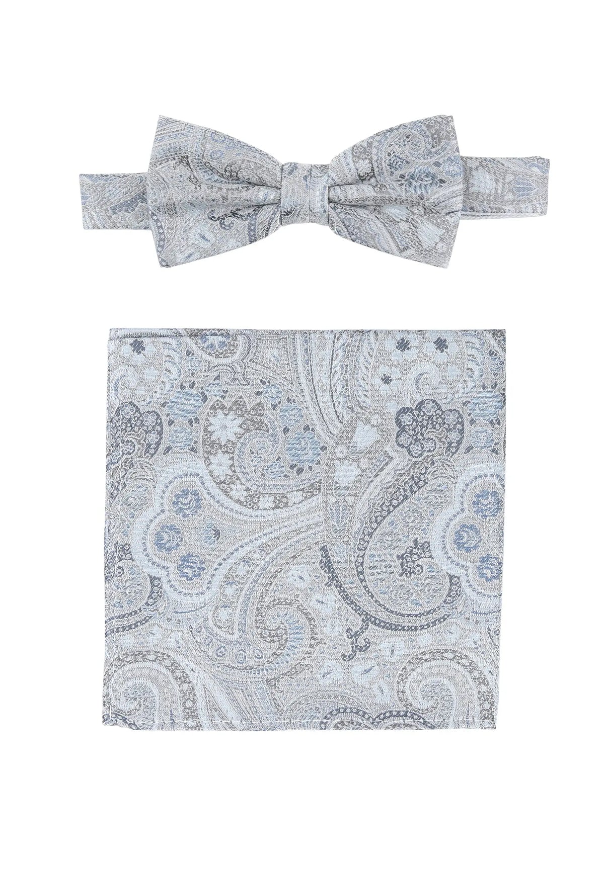(Blau) Fliege und Einstecktuch Set Hochzeit Paisley – Fliege und Tuch ausgelegt