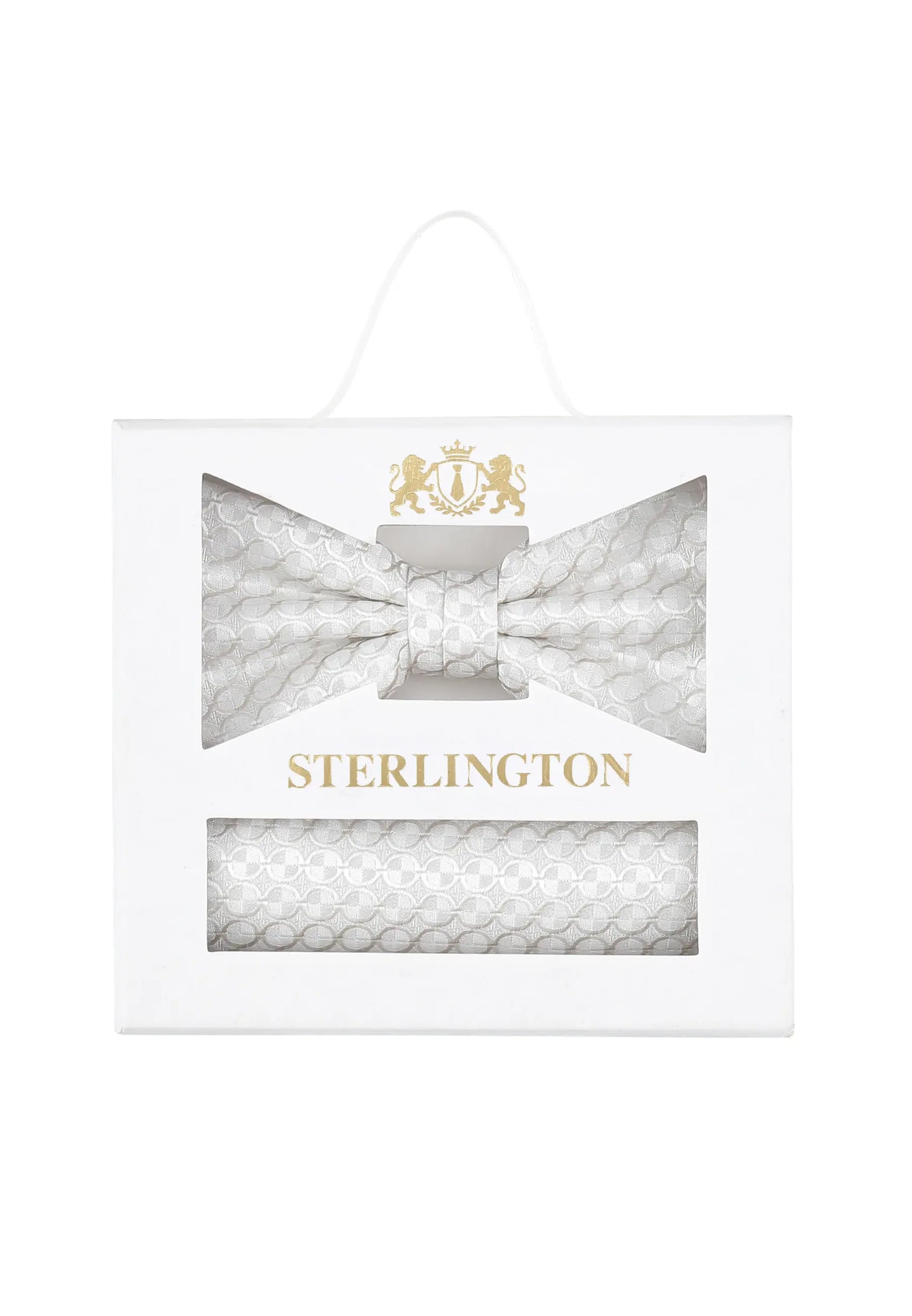 (Champagner) Fliege Einstecktuch Set Kreise Seide – Sterlington Geschenkbox Frontalansicht