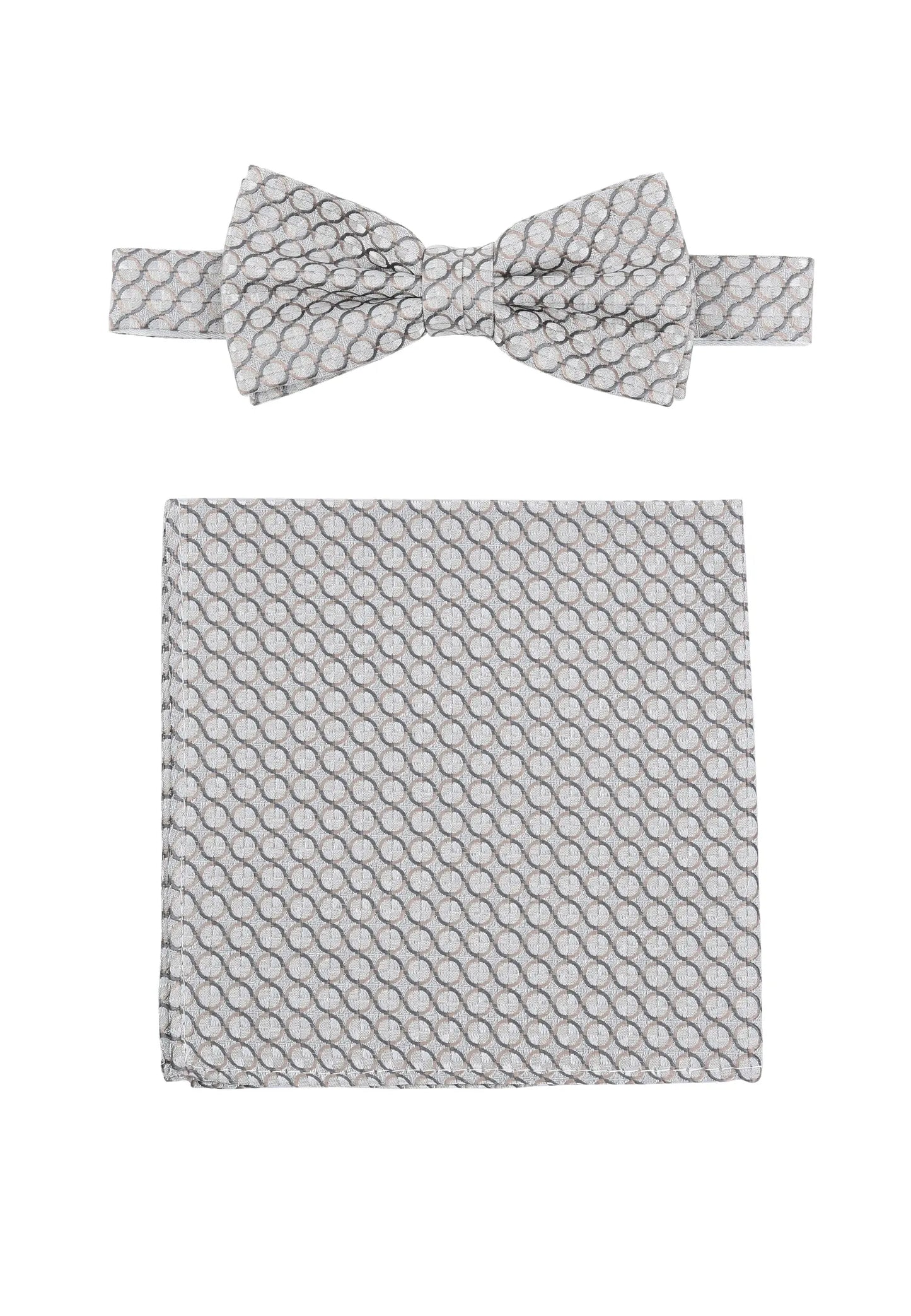 (Silber) Fliege und Einstecktuch Set Hochzeit Kreise – Fliege und Tuch ausgelegt