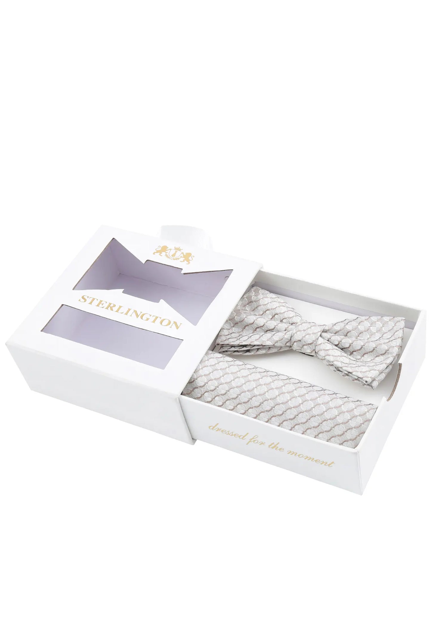 (Beige) Fliege Einstecktuch Set Sterlington – Geschenkbox schräg geöffnet