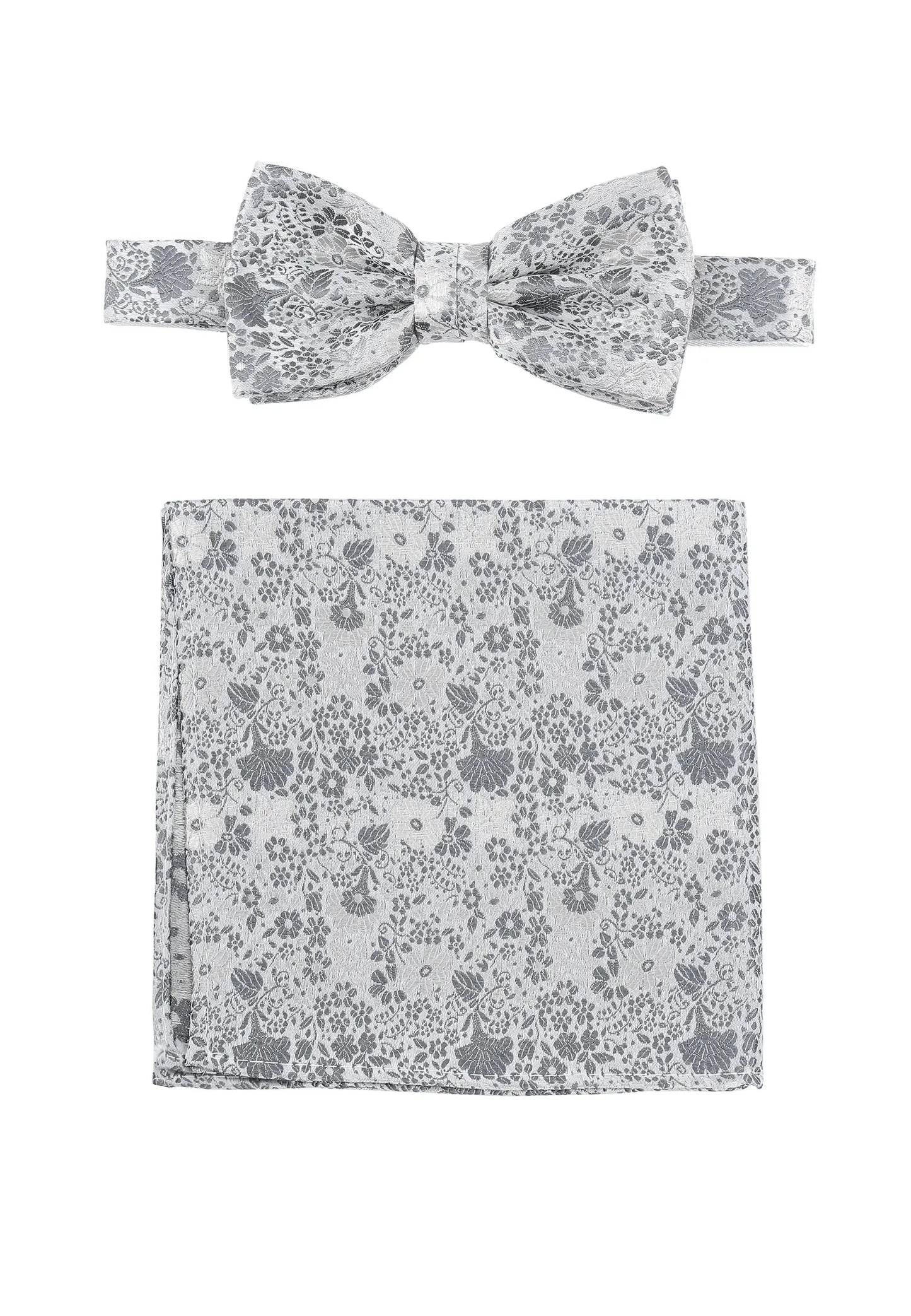 (Silber) Fliege und Einstecktuch Set Hochzeit Floral – Fliege und Tuch ausgelegt