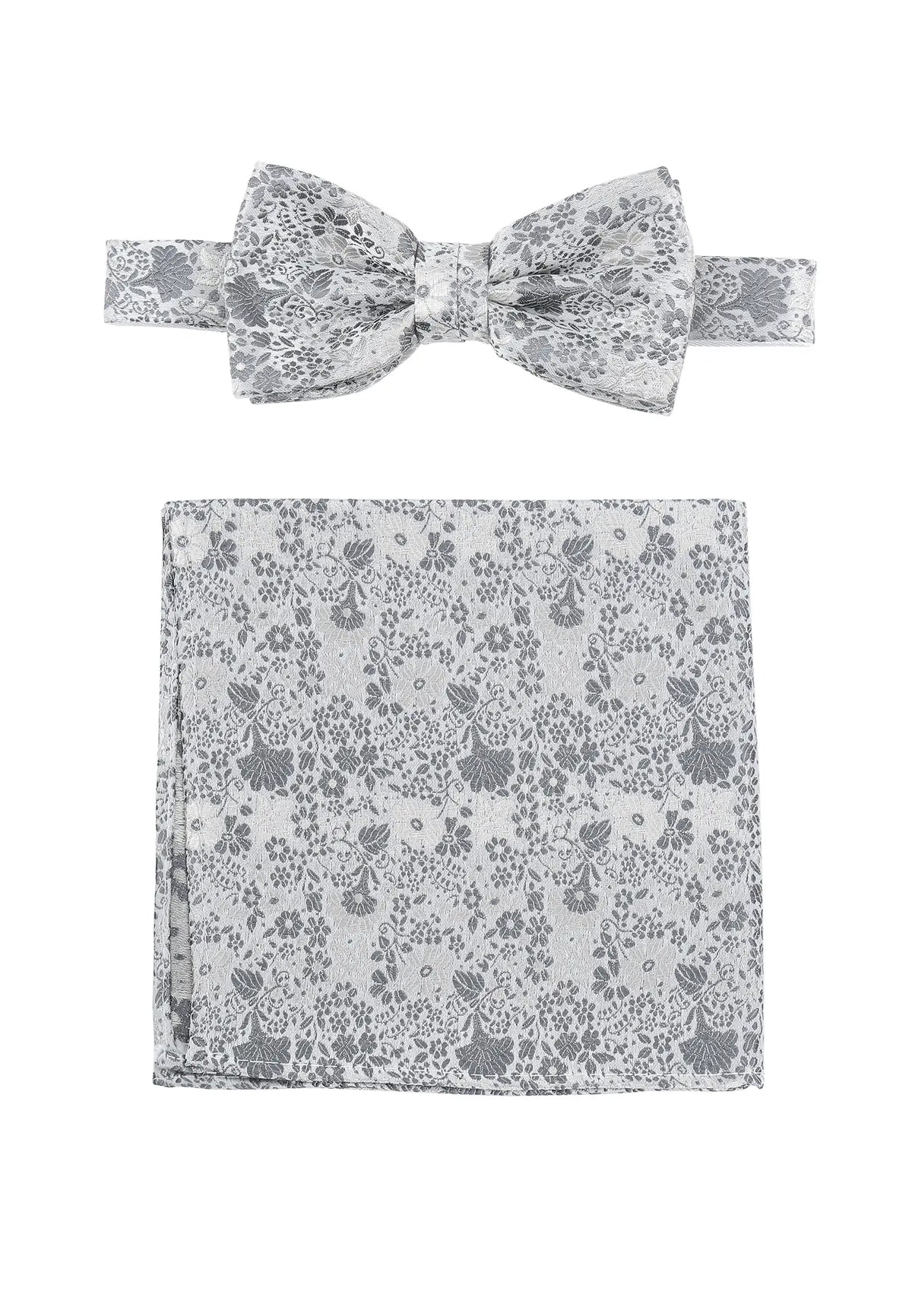 (Silber) Fliege und Einstecktuch Set Hochzeit Floral – Fliege und Tuch ausgelegt