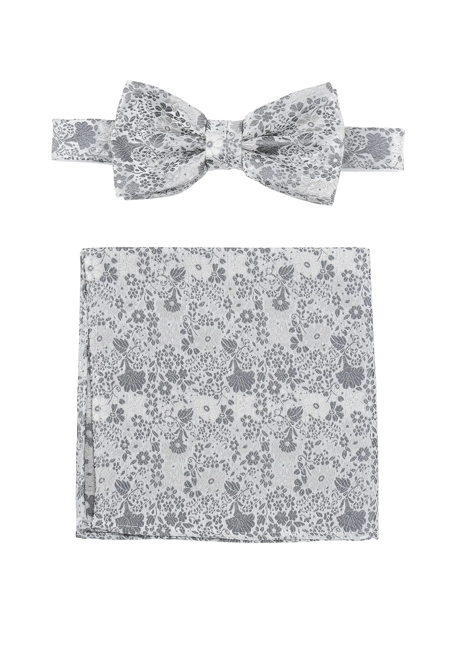 (Silber) Fliege und Einstecktuch Set Hochzeit Floral – Fliege und Tuch ausgelegt