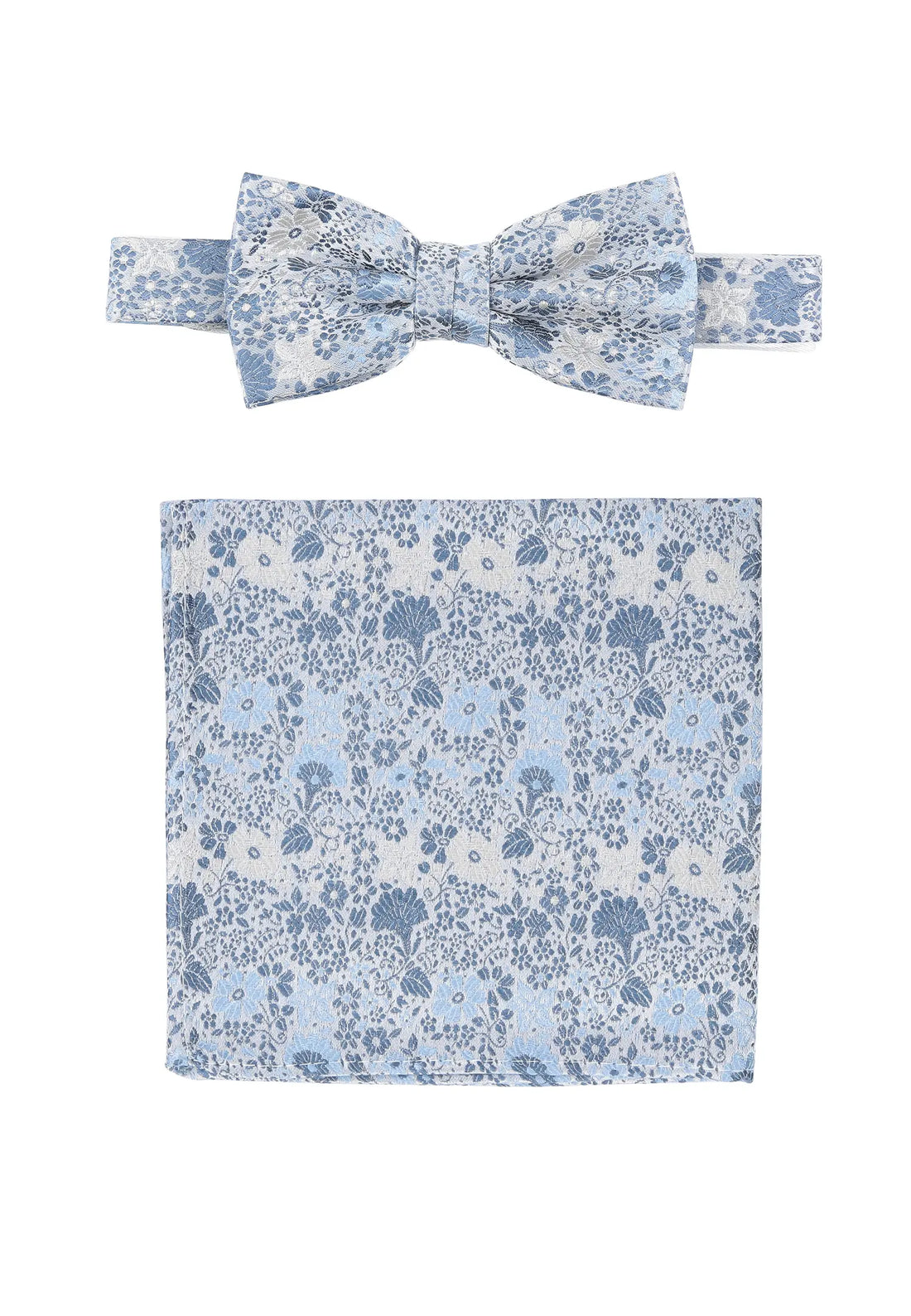 (Hellblau) Fliege und Einstecktuch Set Hochzeit Floral – Fliege und Tuch ausgelegt