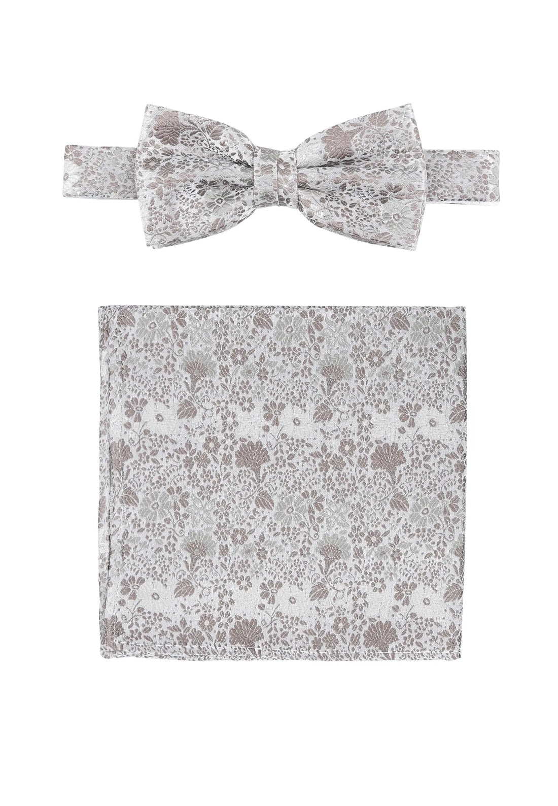 (Taupe) Fliege und Einstecktuch Set Hochzeit Floral – Fliege und Tuch ausgelegt