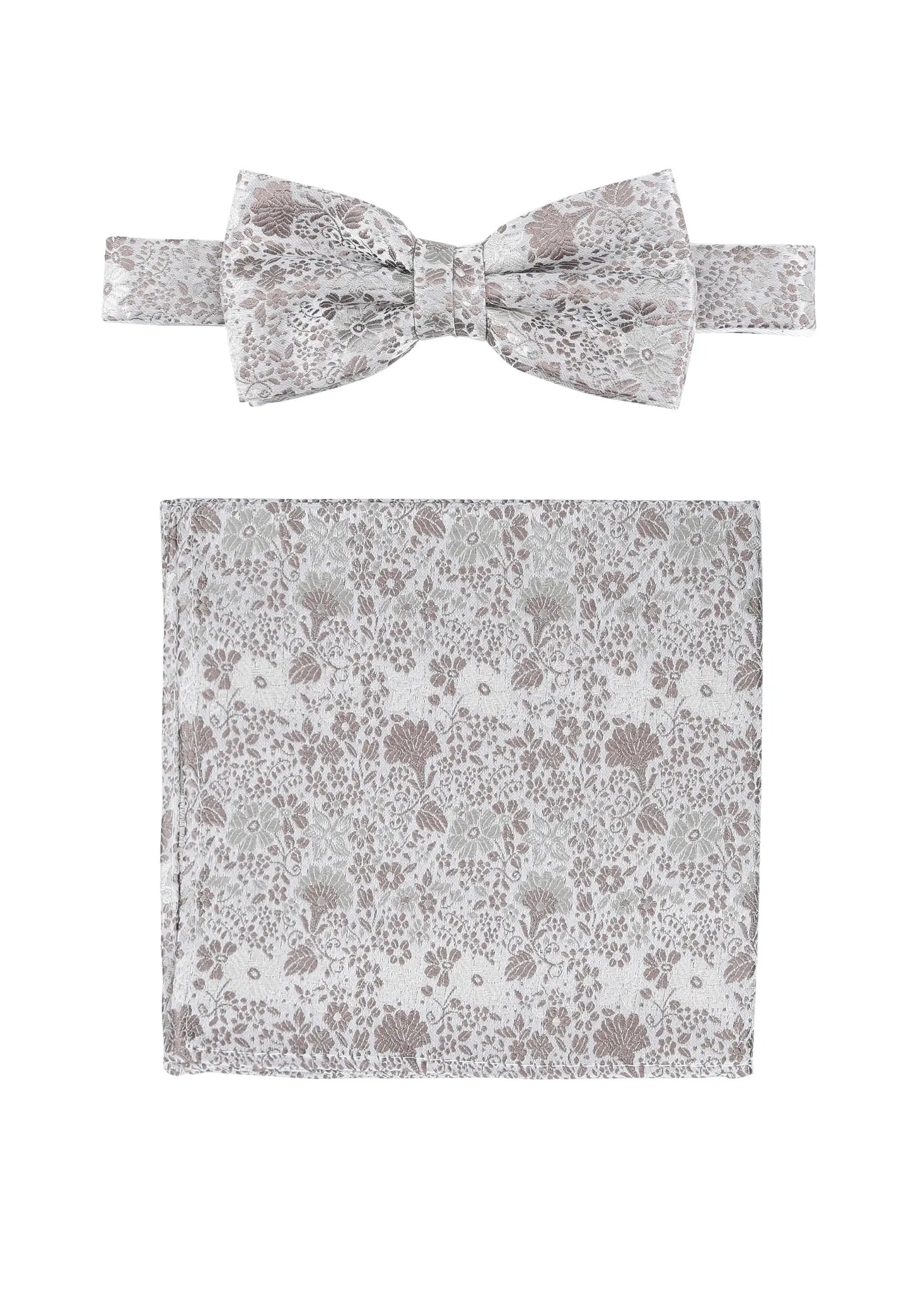 (Taupe) Fliege und Einstecktuch Set Hochzeit Floral – Fliege und Tuch ausgelegt