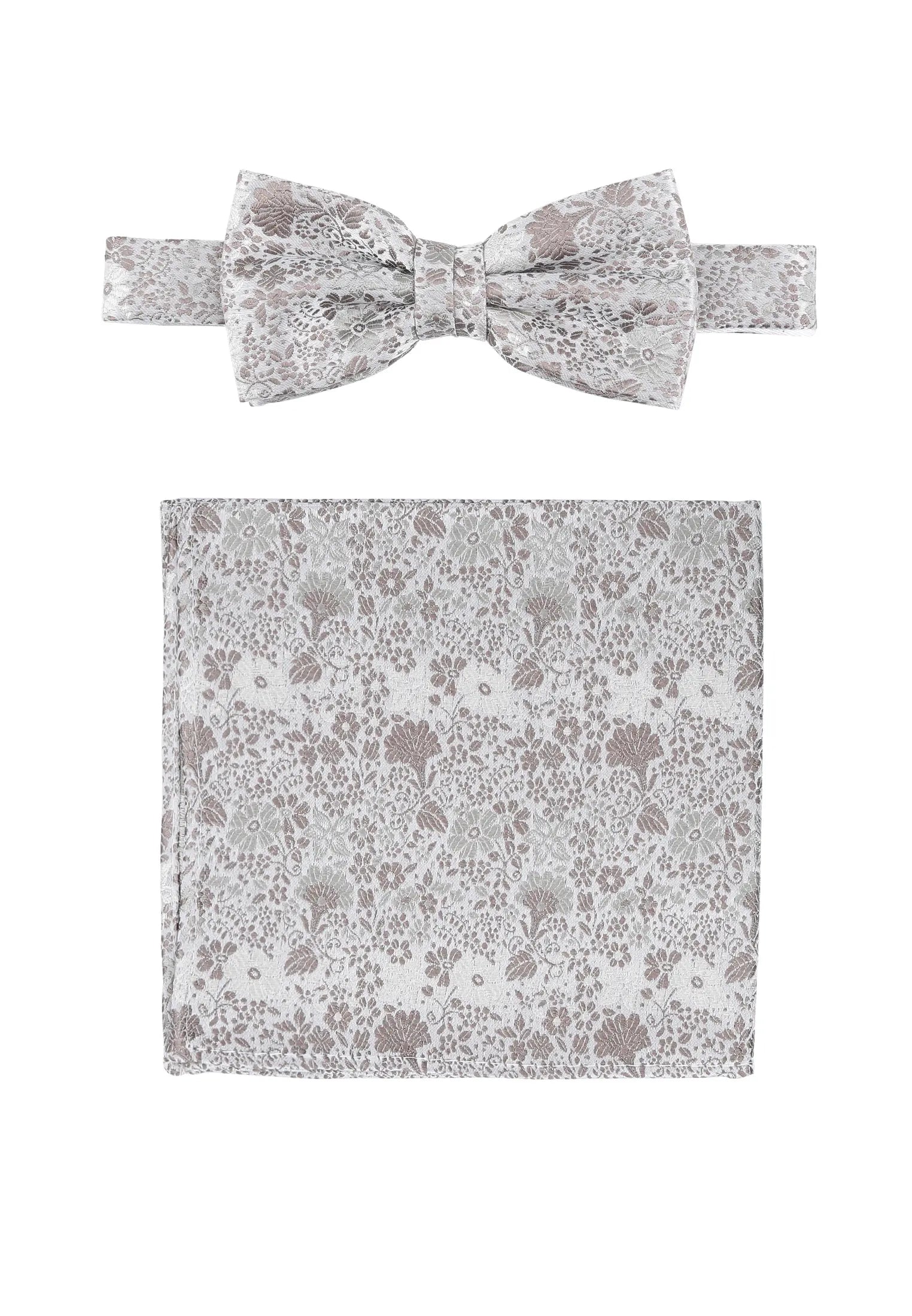 (Taupe) Fliege und Einstecktuch Set Hochzeit Floral – Fliege und Tuch ausgelegt