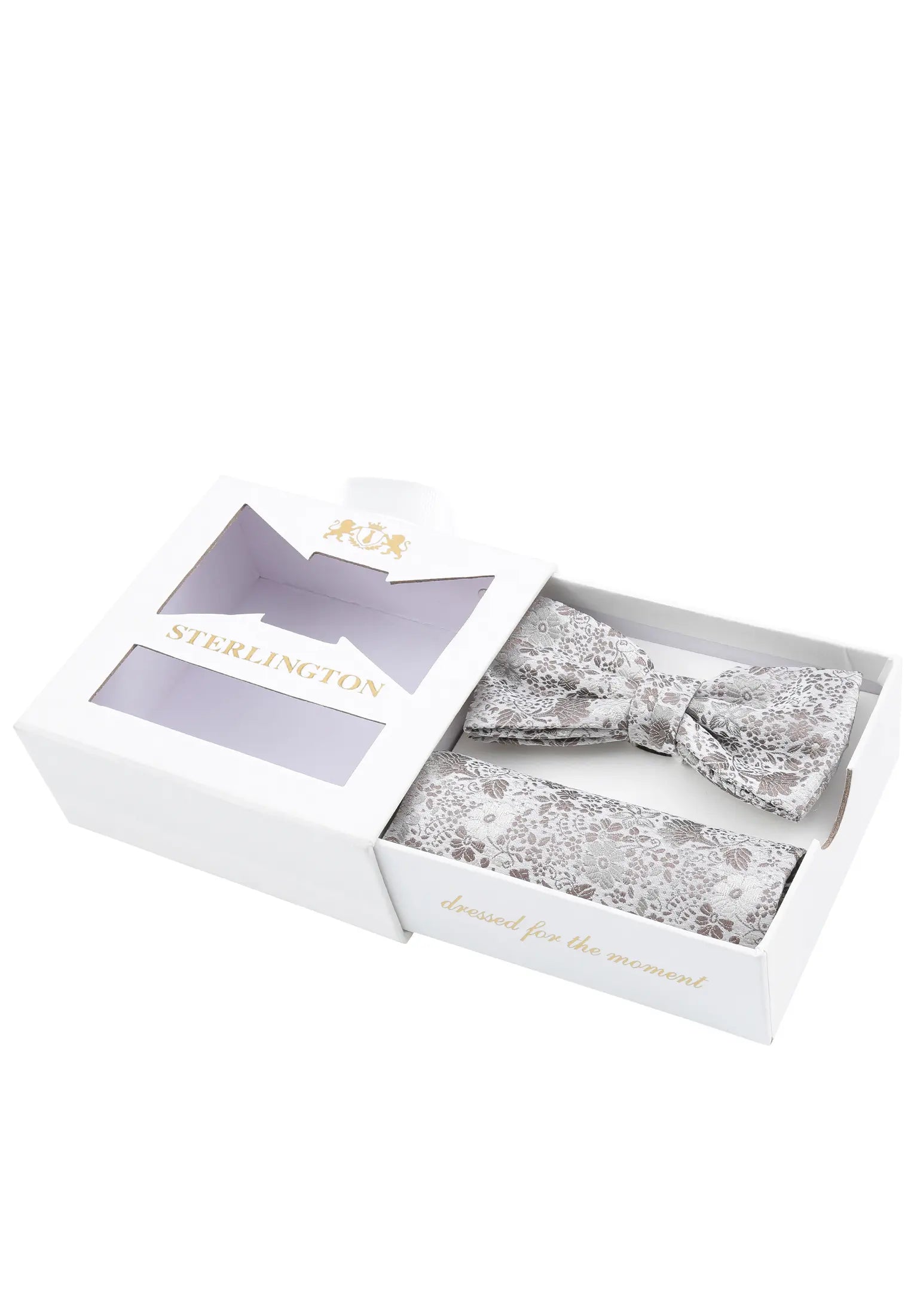 (Taupe) Fliege Einstecktuch Set Sterlington – Geschenkbox schräg geöffnet