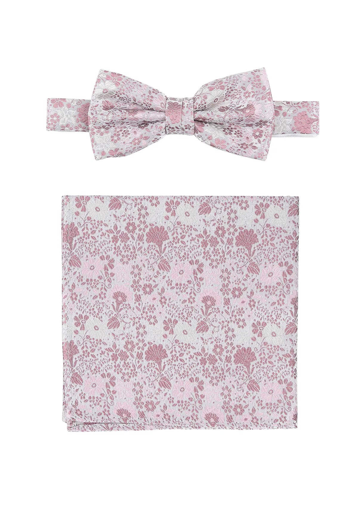 (Rosa) Fliege und Einstecktuch Set Hochzeit Floral – Fliege und Tuch ausgelegt
