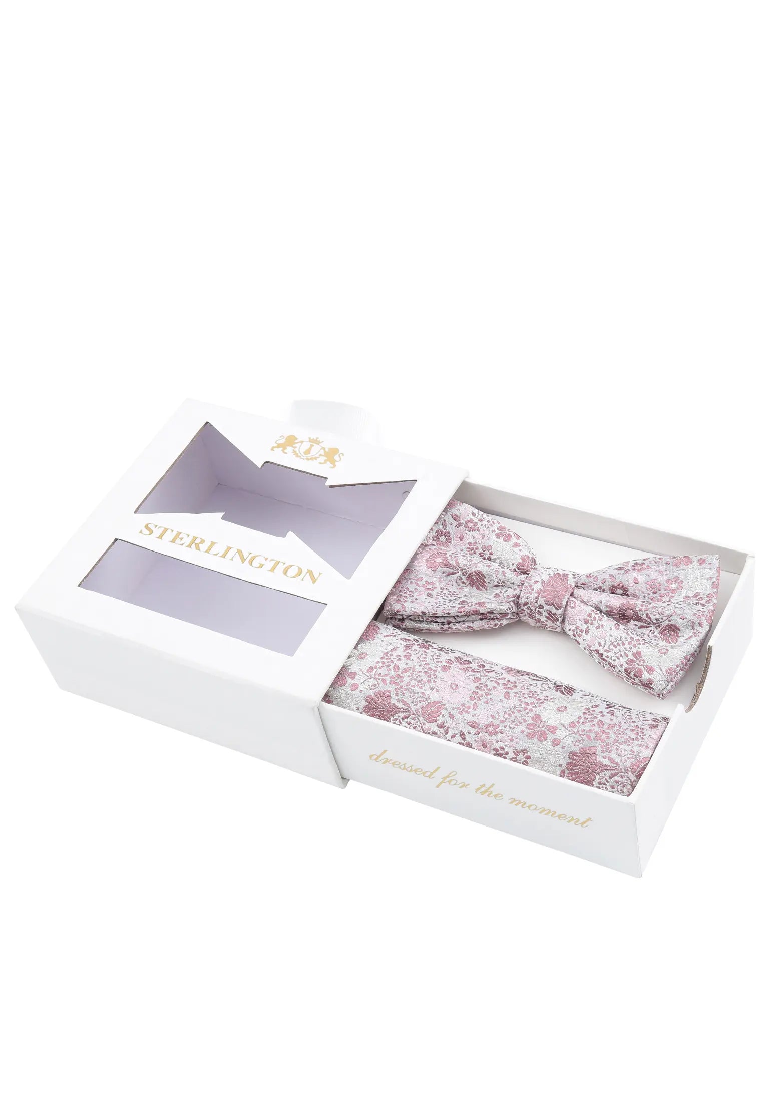 (Rosa) Fliege Einstecktuch Set Sterlington – Geschenkbox schräg geöffnet