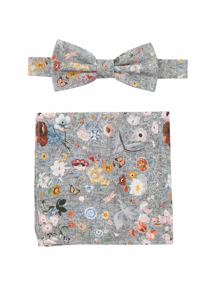 Ensemble nœud papillon et pochette de costume en soie et coton pour homme – Motif floral