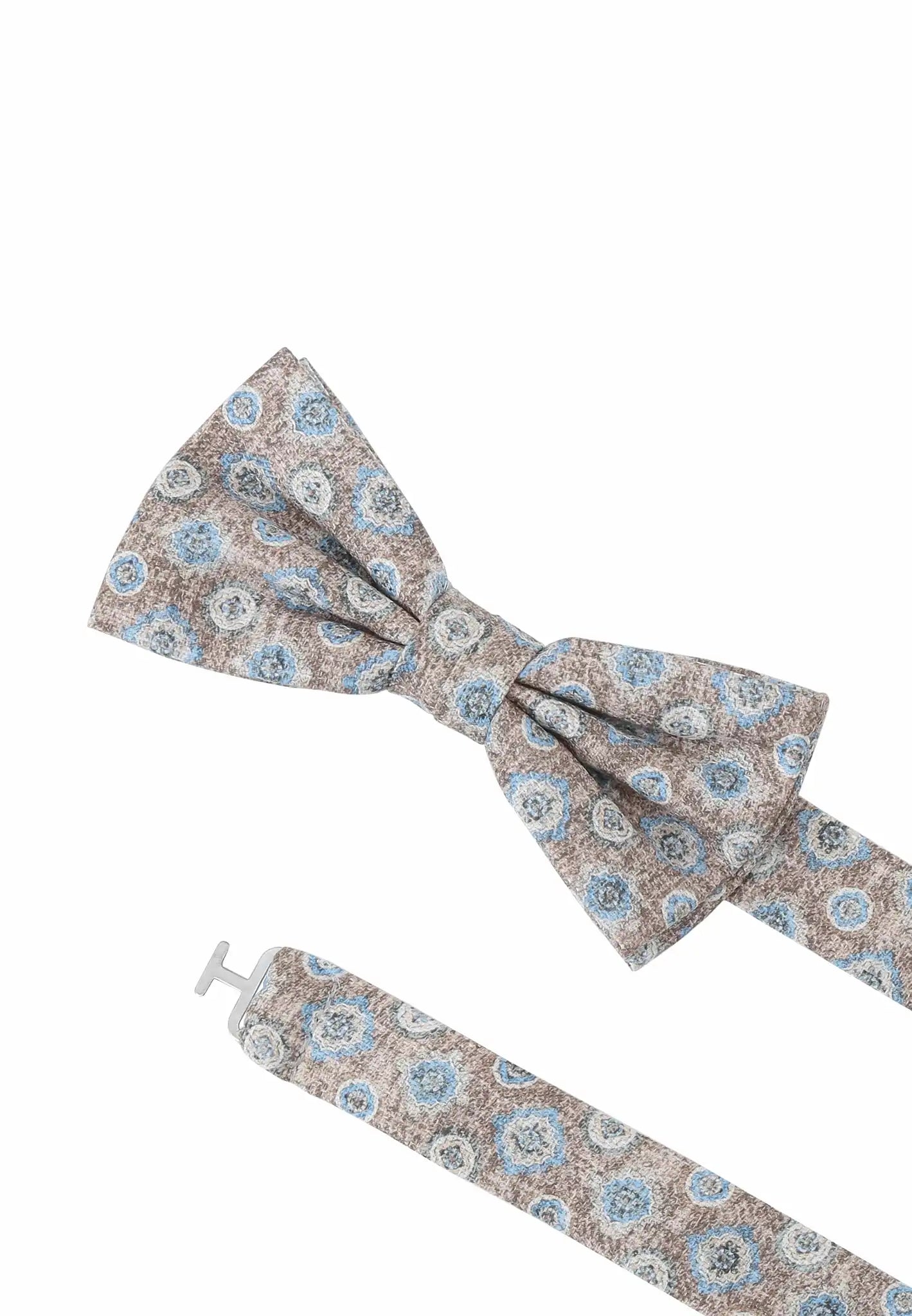 (Beige) Fliege Medaillon-Muster Baumwolle – Detailansicht mit verstellbarem Größenband