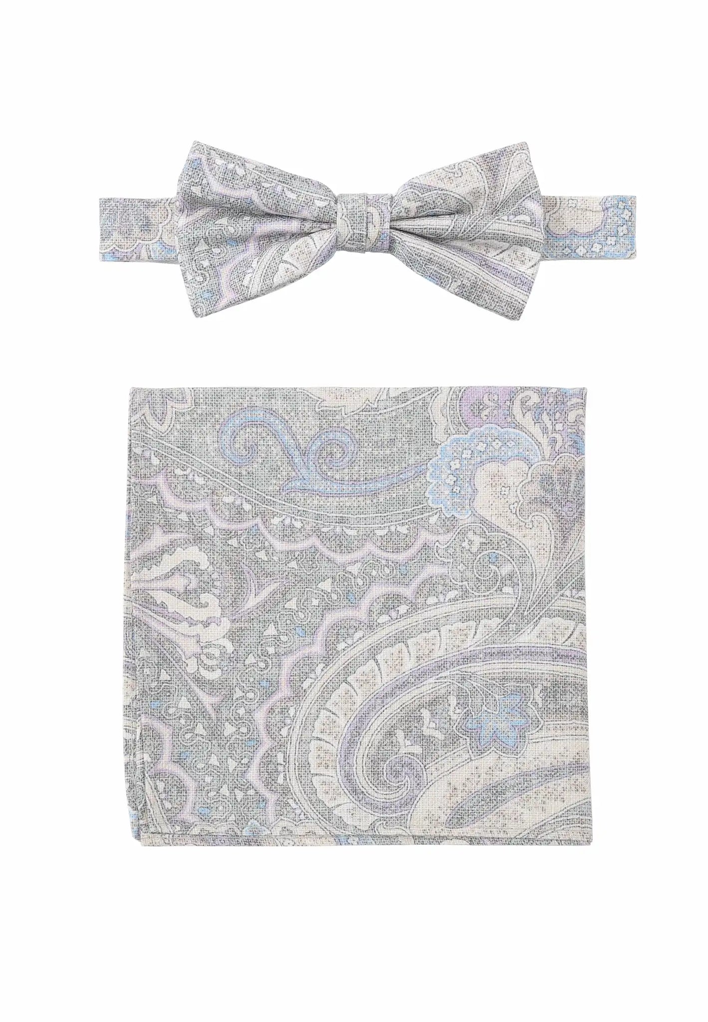 (Grau) Fliege Einstecktuch Set Herren Paisley Baumwolle – Gesamtansicht
