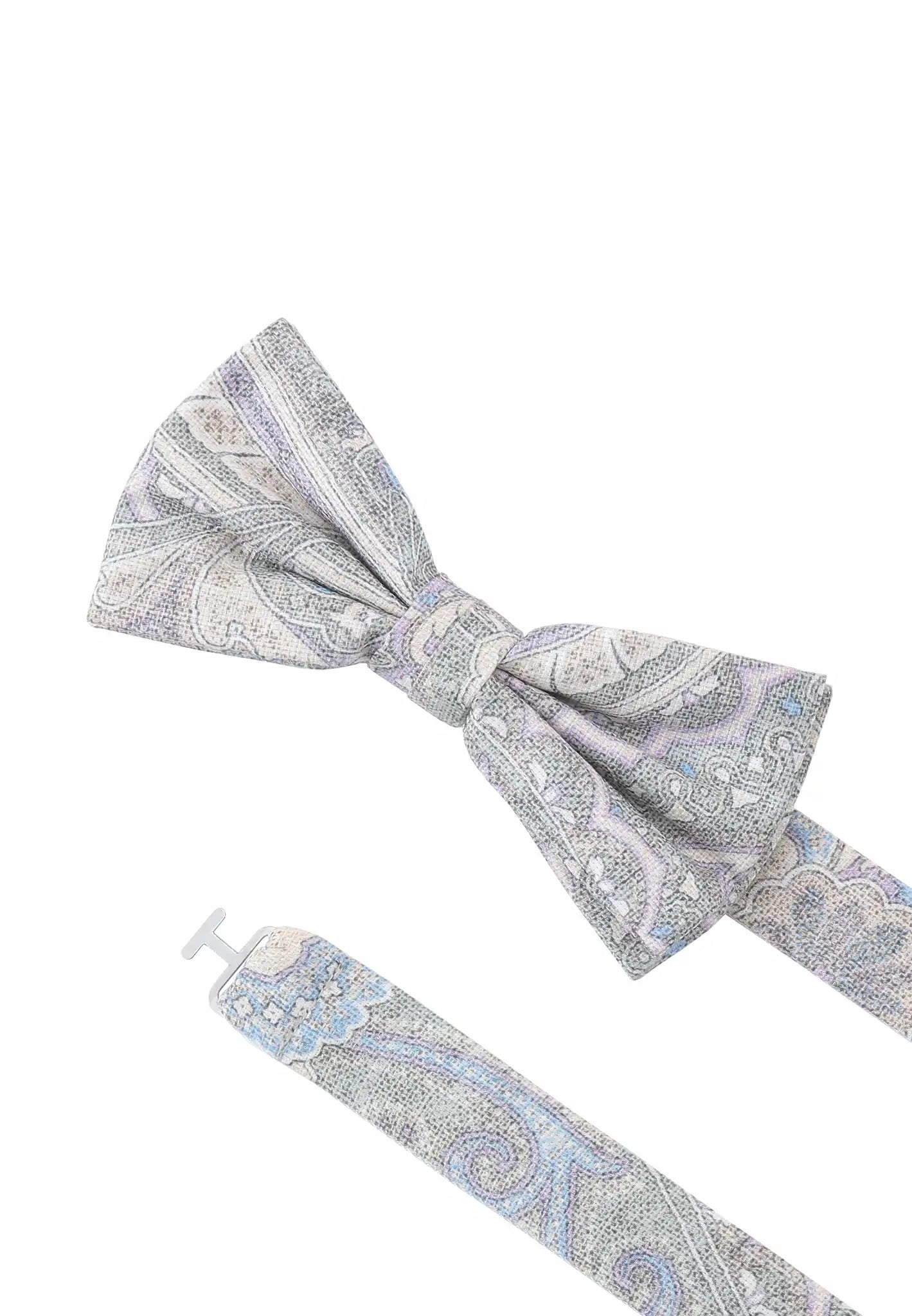 (Grau) Fliege Paisley-Muster Baumwolle – Detailansicht mit verstellbarem Größenband