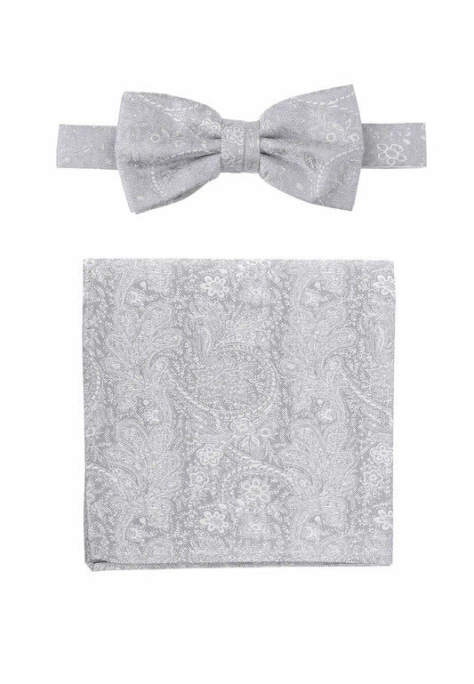 (Hellgrau) Fliege Einstecktuch Set Herren Paisley Seide – Gesamtansicht