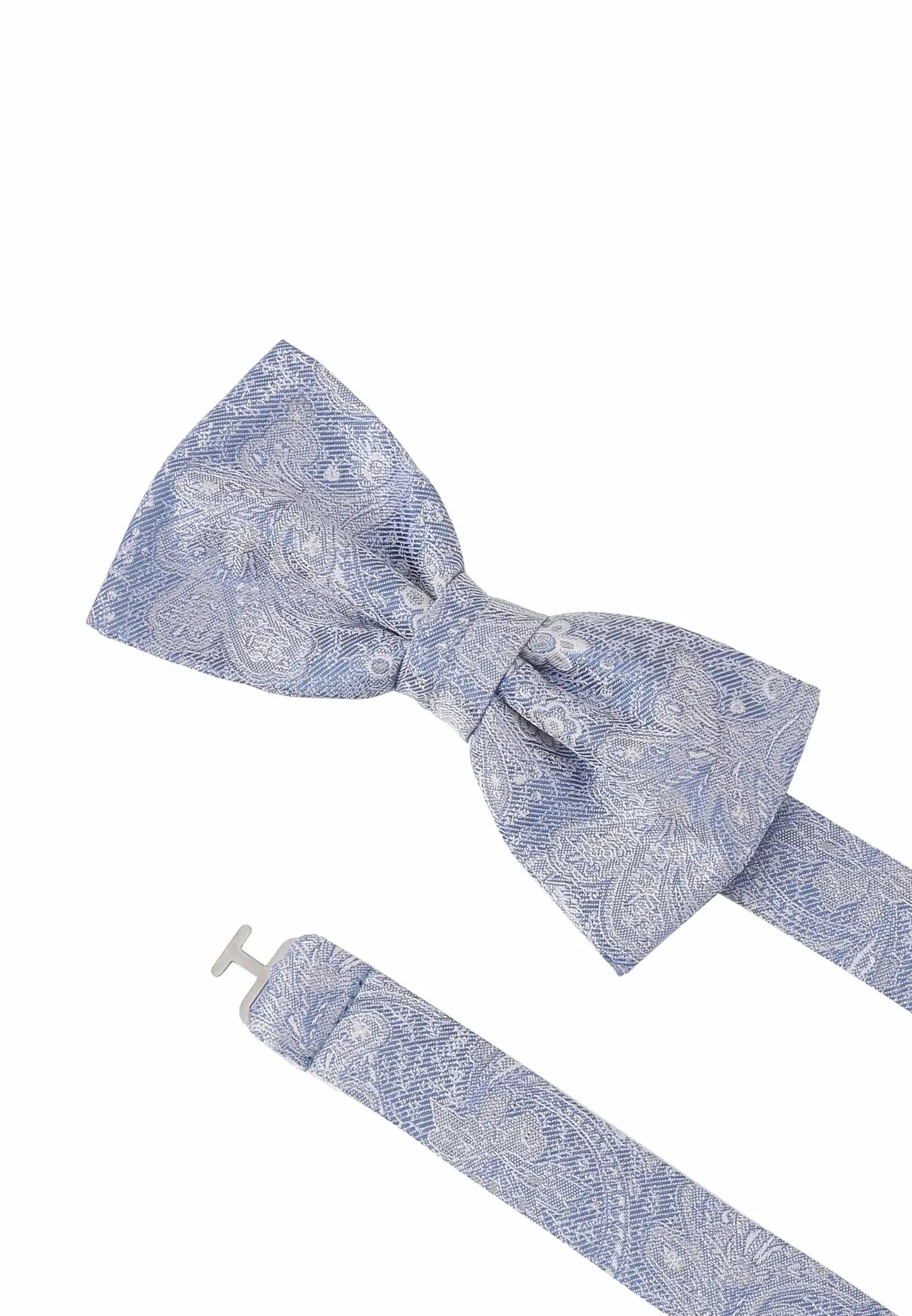 (Hellblau) Fliege Paisley Seide – Detailansicht mit verstellbarem Größenband