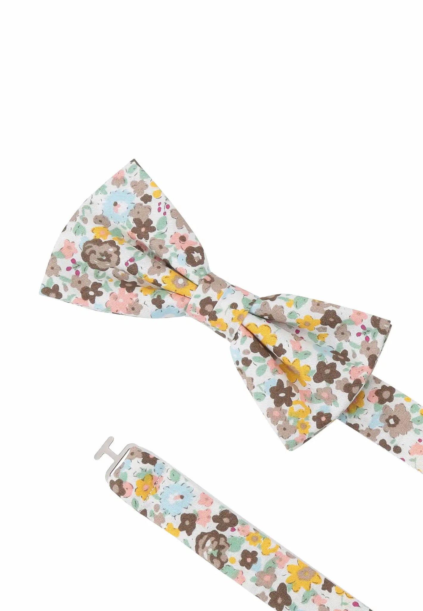 (Beige) Fliege Blumenmuster Baumwolle – Detailansicht mit verstellbarem Größenband
