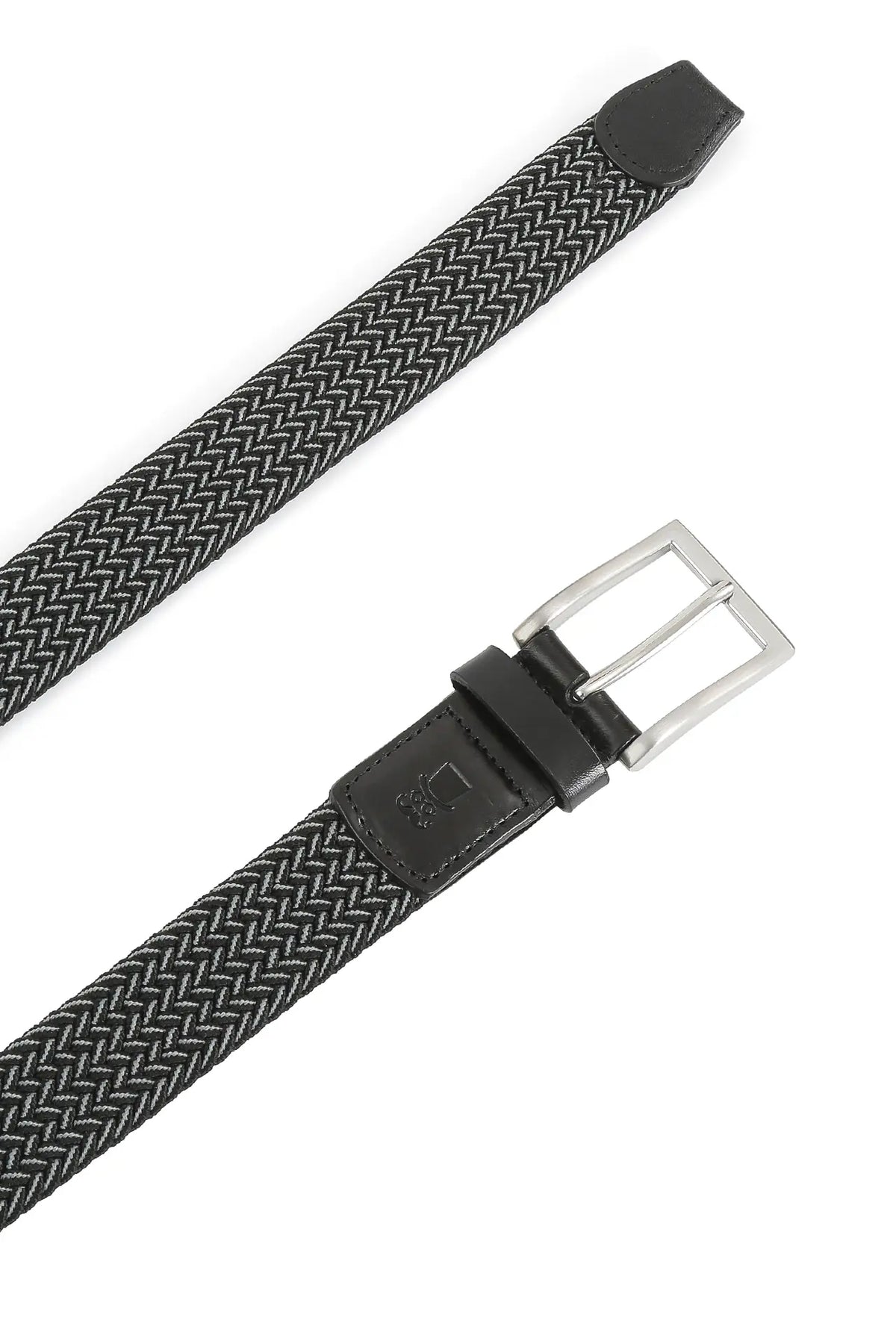 (Schwarz) Elastischer Flechtgürtel 3,5 cm – Schnalle und Lederspitze Detailansicht