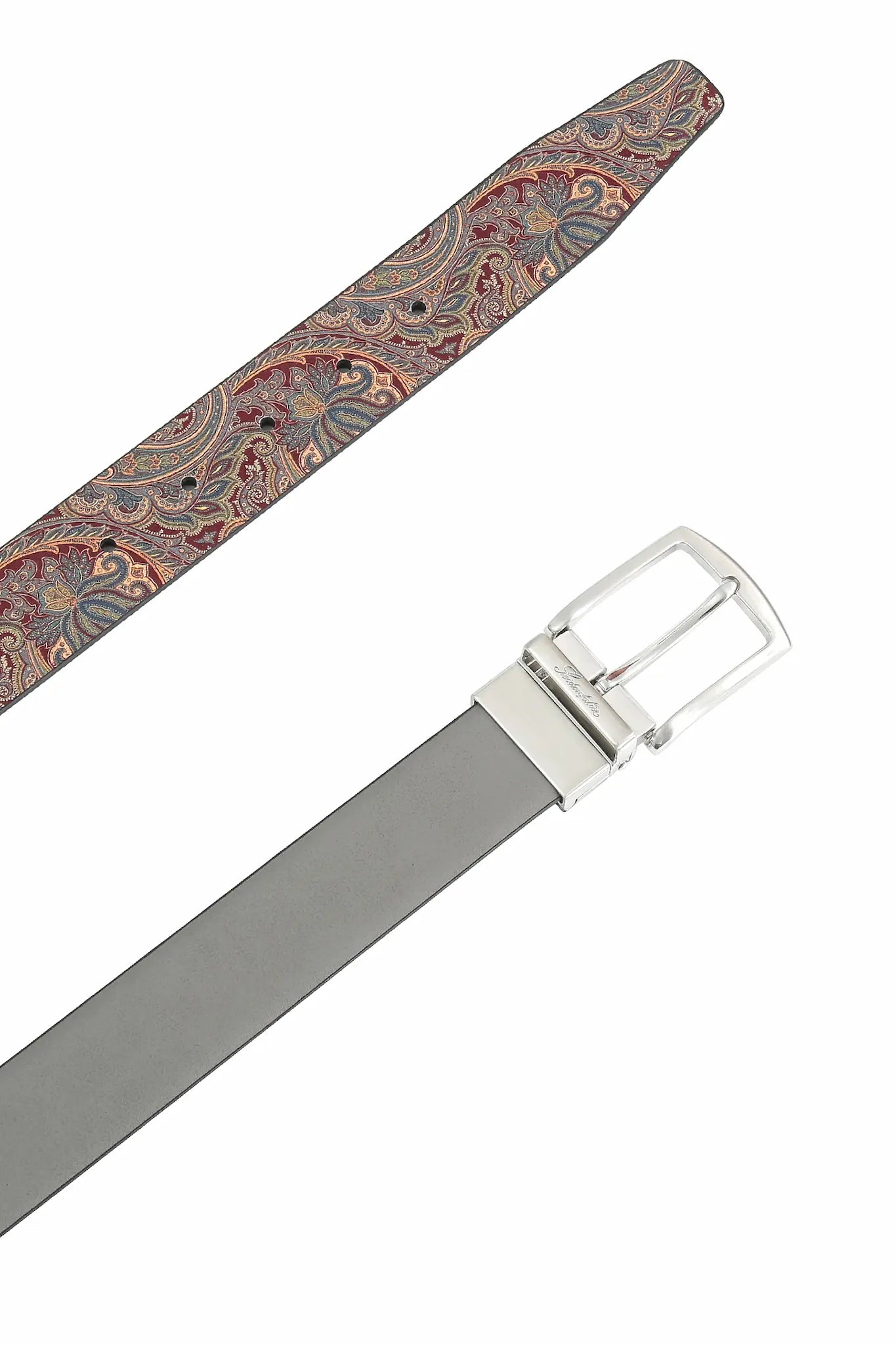 (Grau) Gürtel mit grauer Vorderseite und Rückseite in Paisley-Design – flach ausgelegt