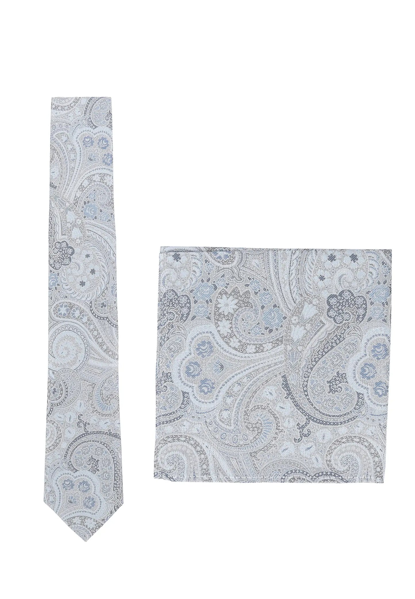 (Blau) Krawatte und Einstecktuch Set Hochzeit Paisley – Krawatte und Tuch ausgelegt
