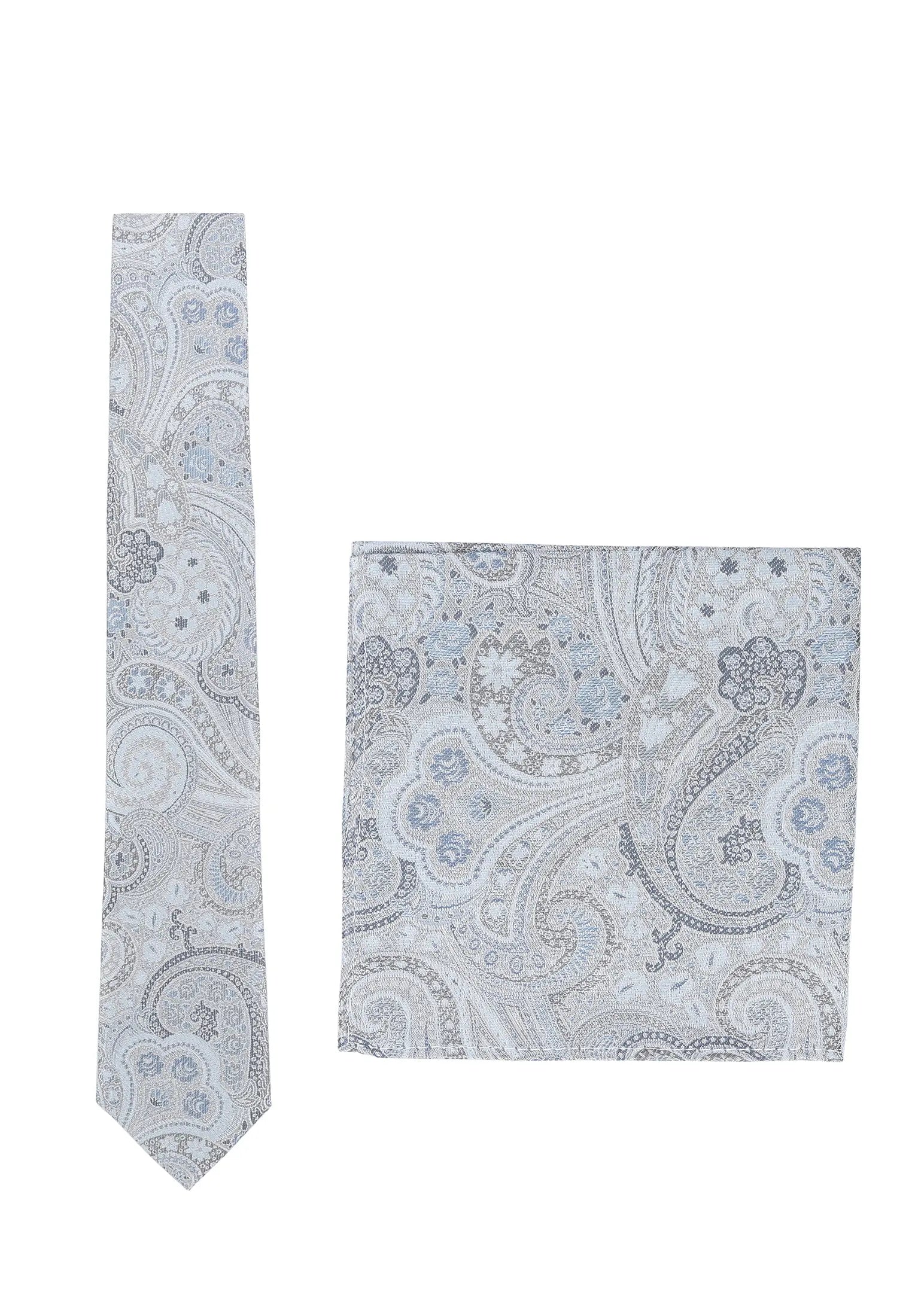 (Blau) Krawatte und Einstecktuch Set Hochzeit Paisley – Krawatte und Tuch ausgelegt