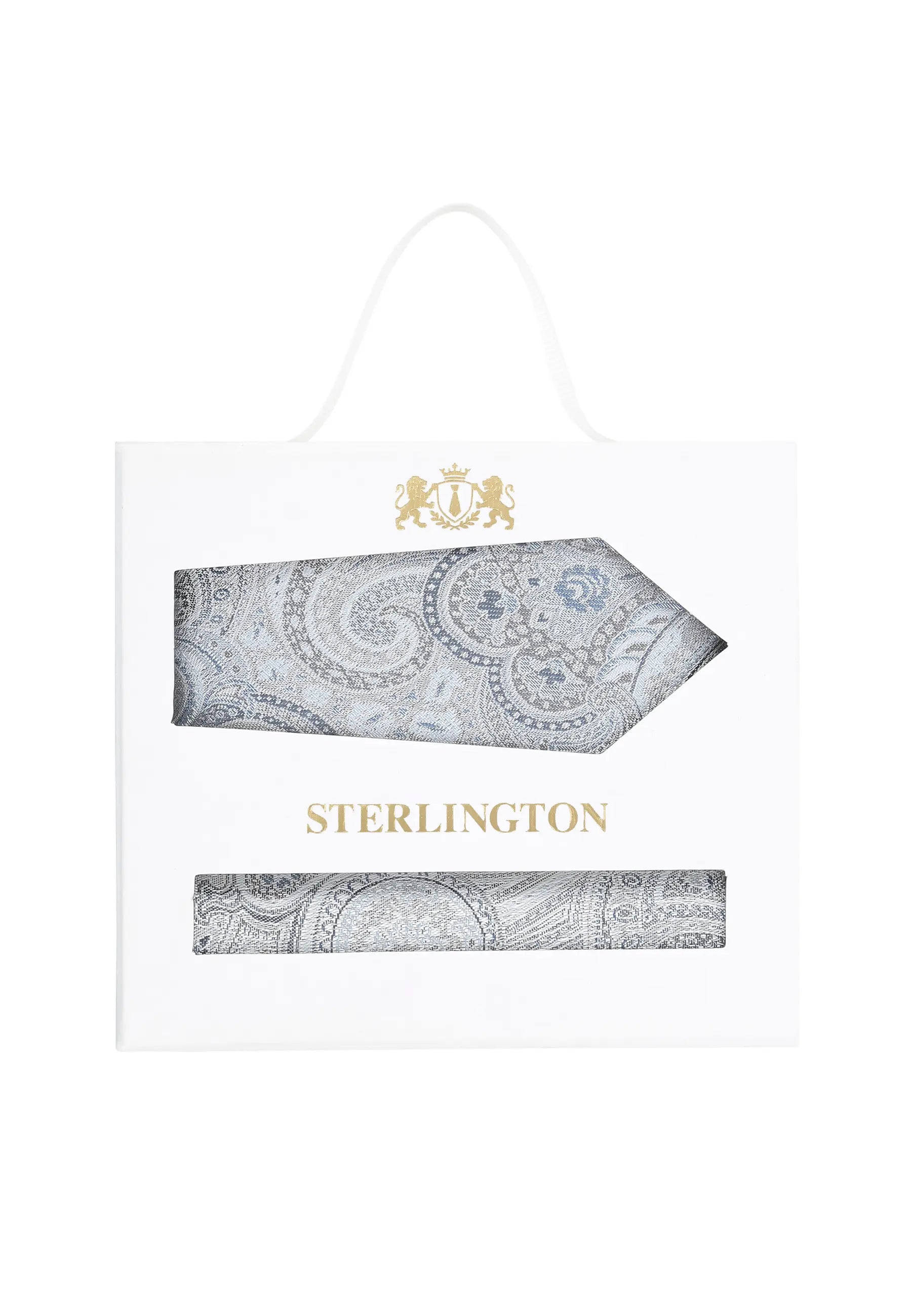 (Blau) Krawatte Einstecktuch Set Paisley Seide – Sterlington Geschenkbox Frontalansicht