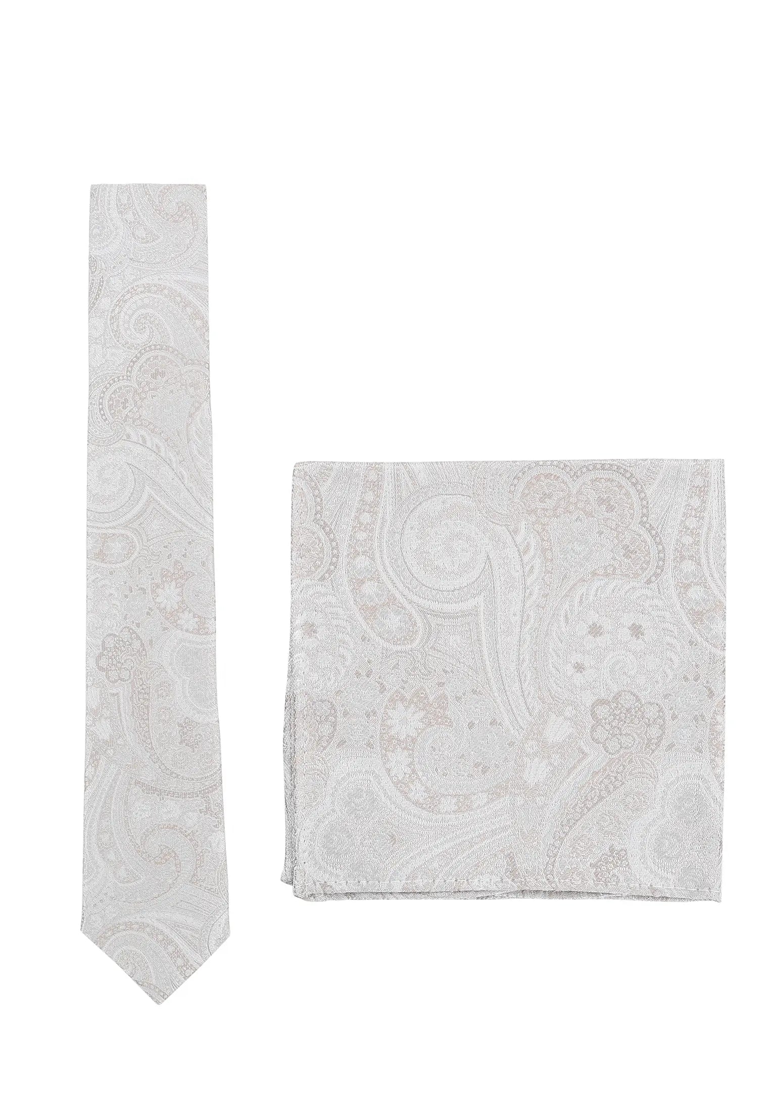 (Beige) Krawatte und Einstecktuch Set Hochzeit Paisley – Krawatte und Tuch ausgelegt