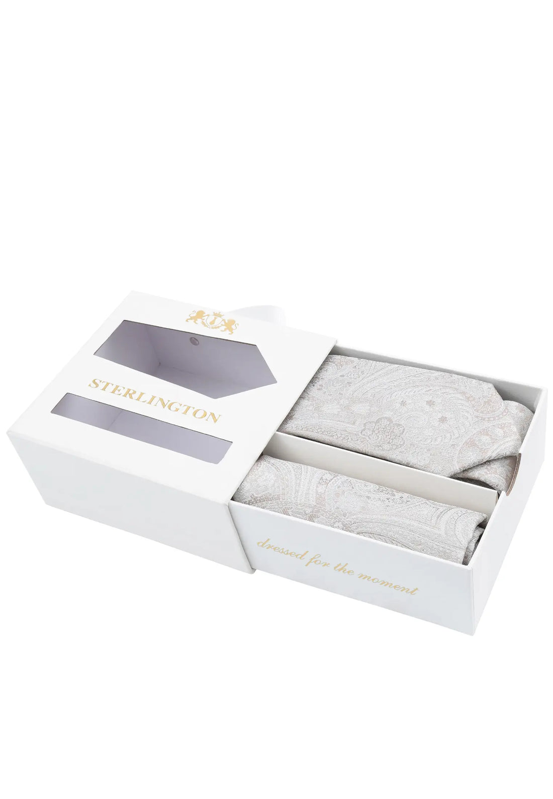 (Beige) Krawatte Einstecktuch Set Sterlington – Geschenkbox schräg geöffnet