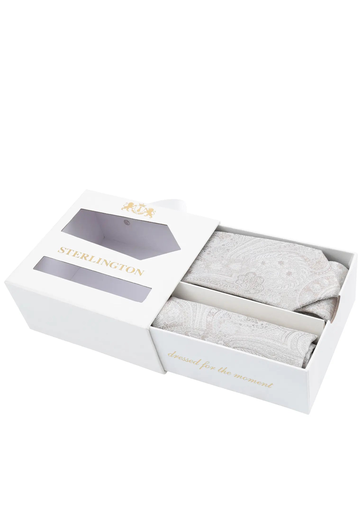 (Beige) Krawatte Einstecktuch Set Sterlington – Geschenkbox schräg geöffnet