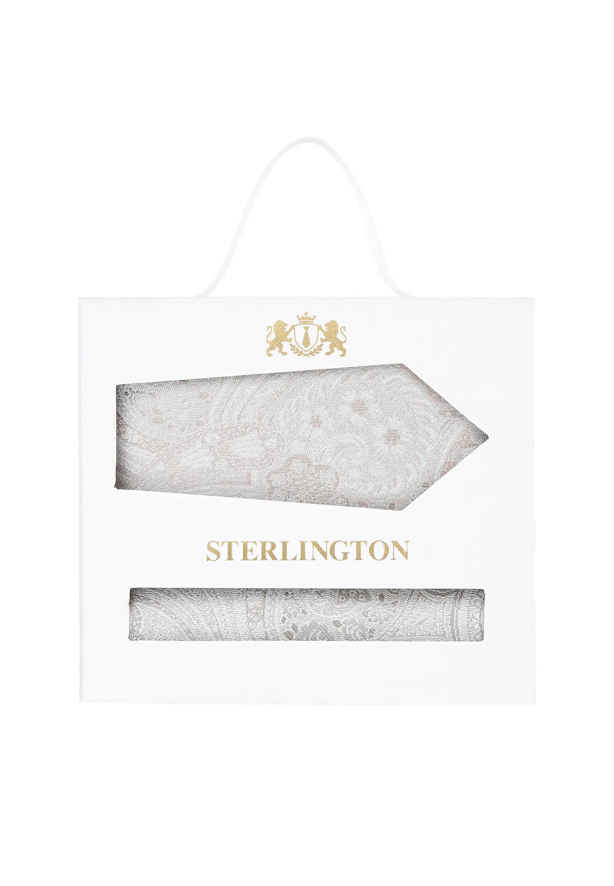 (Beige) Krawatte Einstecktuch Set Paisley Seide – Sterlington Geschenkbox Frontalansicht
