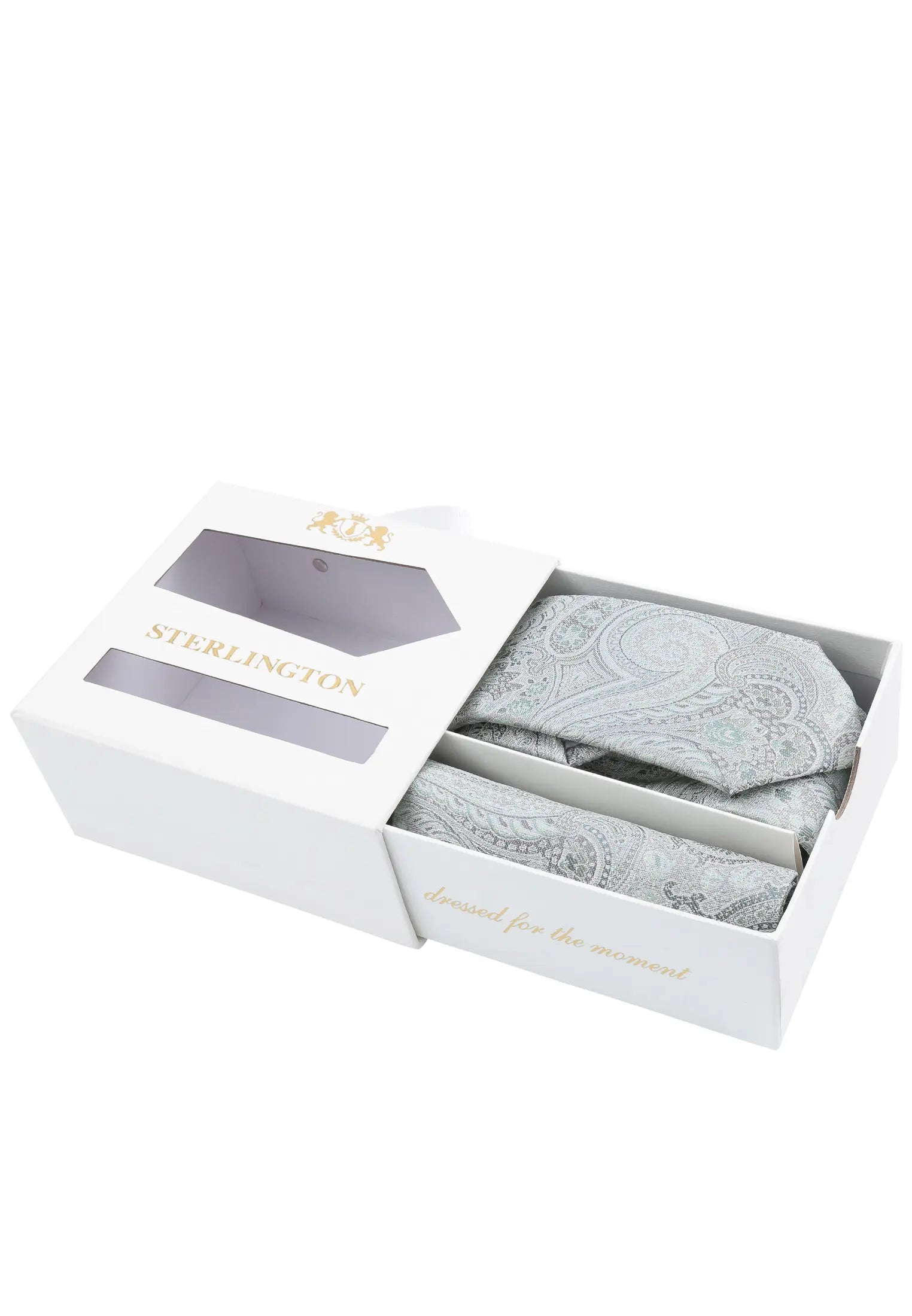 (Grün) Krawatte Einstecktuch Set Sterlington – Geschenkbox schräg geöffnet