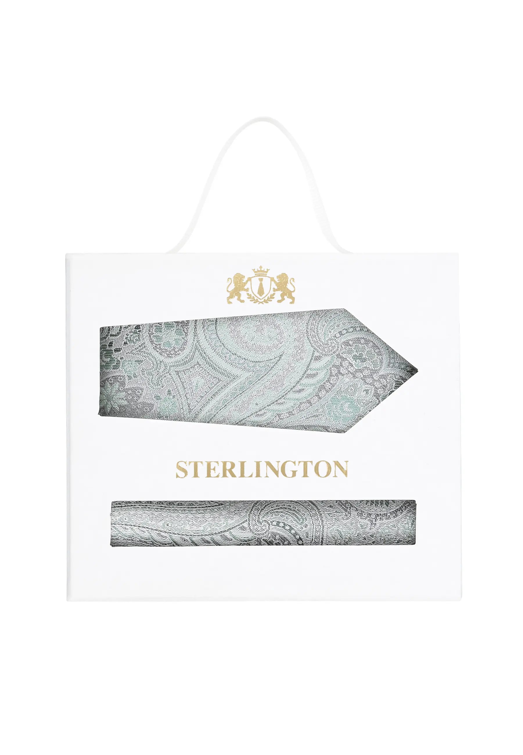 (Grün) Krawatte Einstecktuch Set Paisley Seide – Sterlington Geschenkbox Frontalansicht