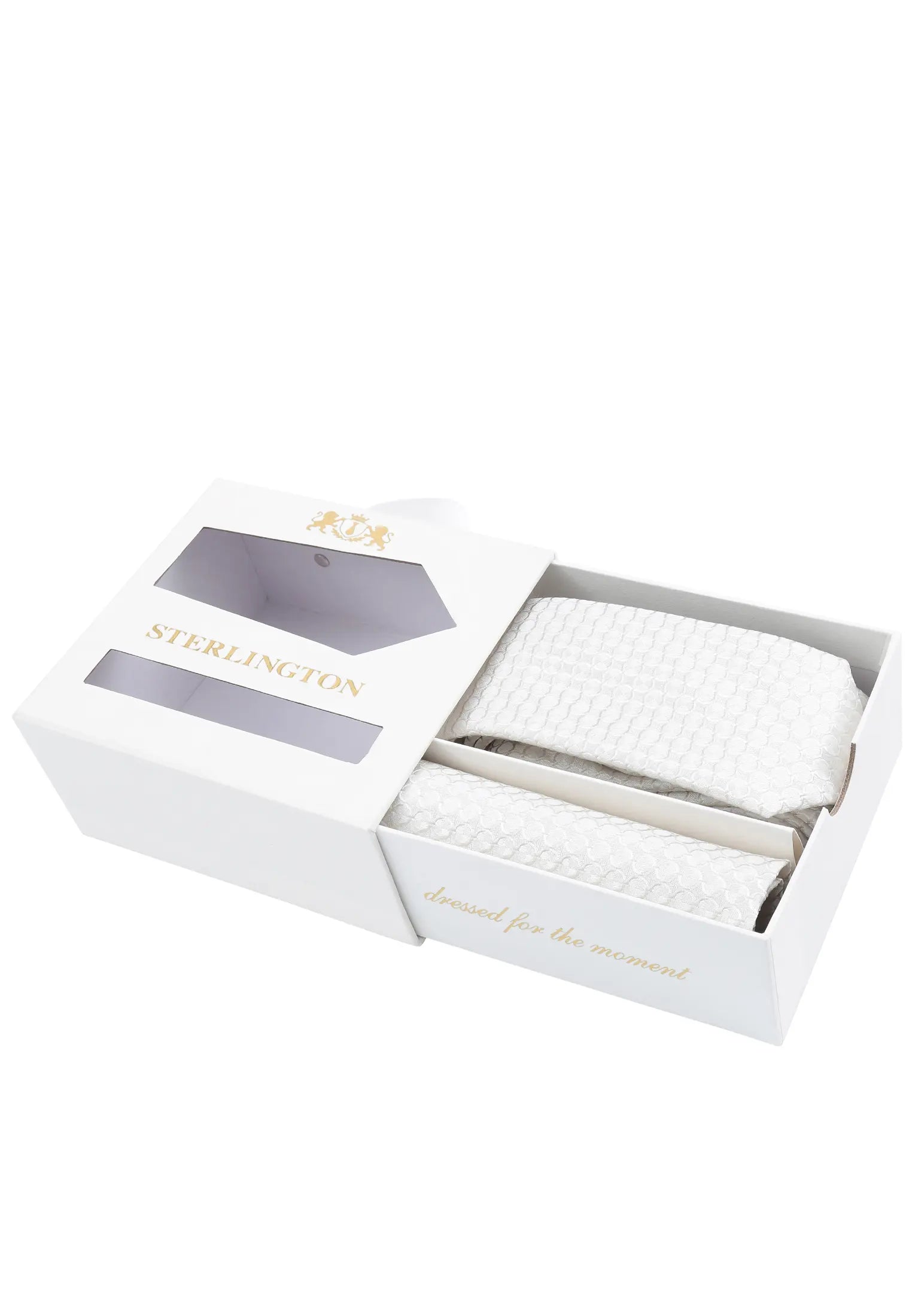 (Champagner) Krawatte Einstecktuch Set Sterlington – Geschenkbox schräg geöffnet