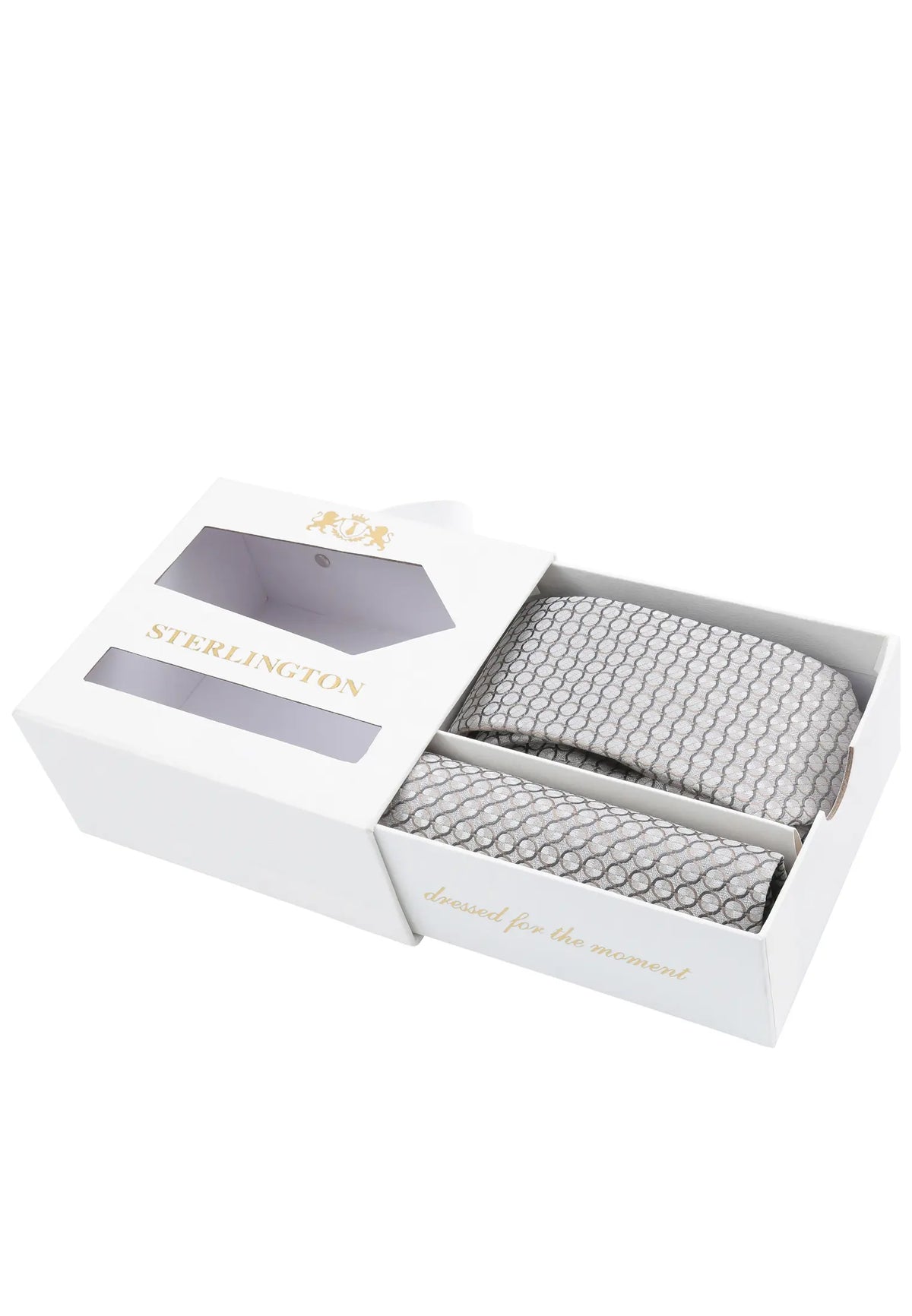 (Silber) Krawatte Einstecktuch Set Sterlington – Geschenkbox schräg geöffnet