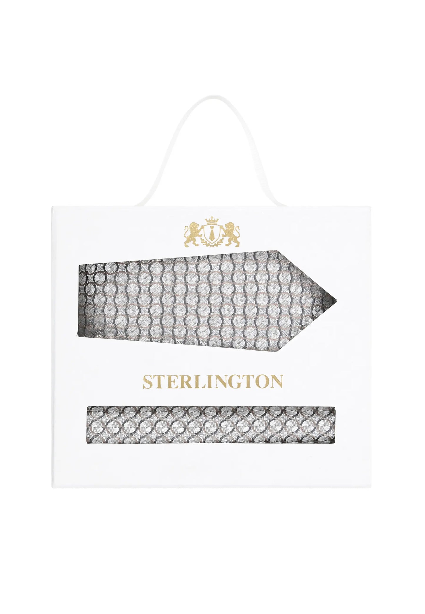 (Silber) Krawatte Einstecktuch Set Kreise Seide – Sterlington Geschenkbox Frontalansicht