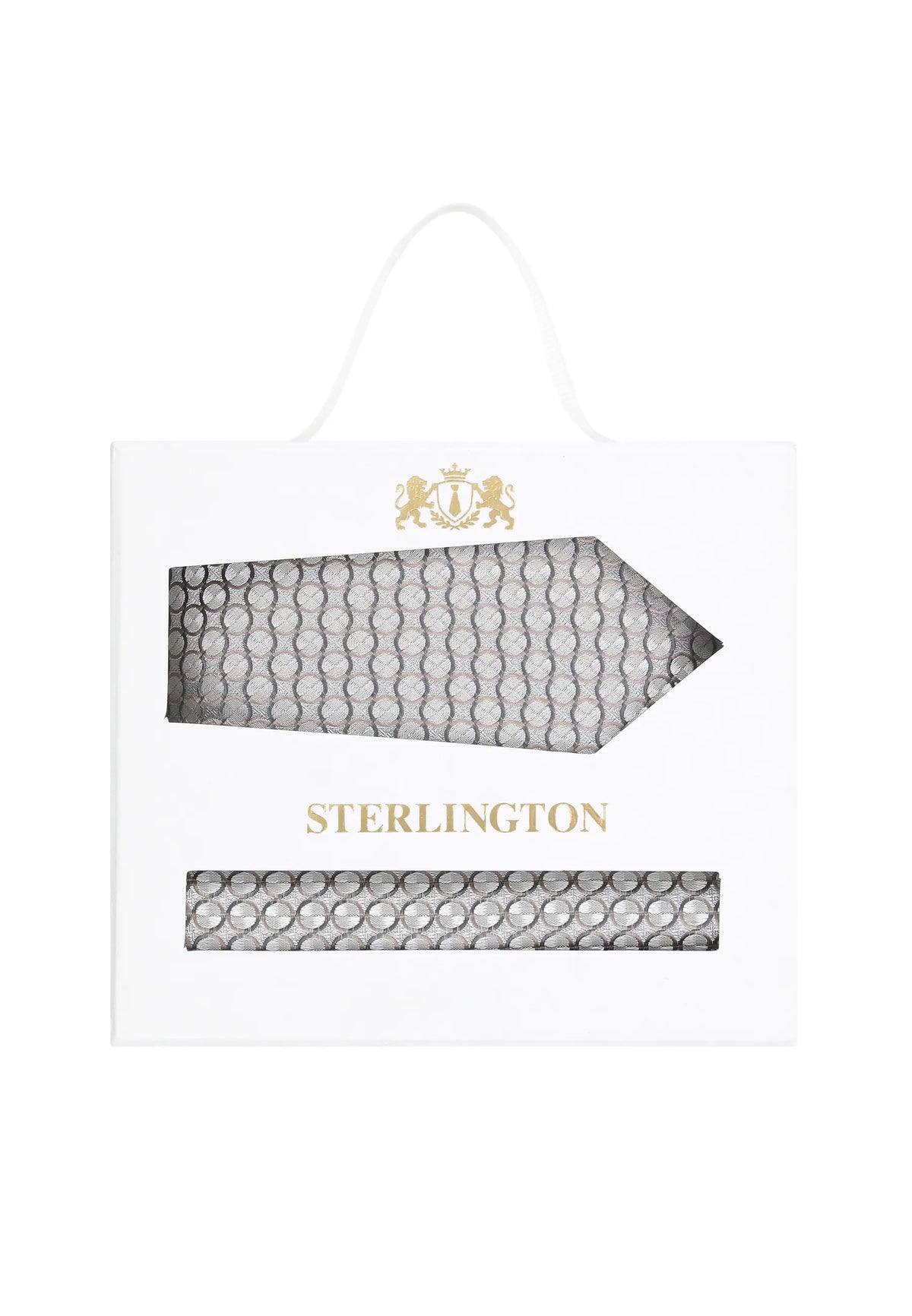 (Silber) Krawatte Einstecktuch Set Kreise Seide – Sterlington Geschenkbox Frontalansicht