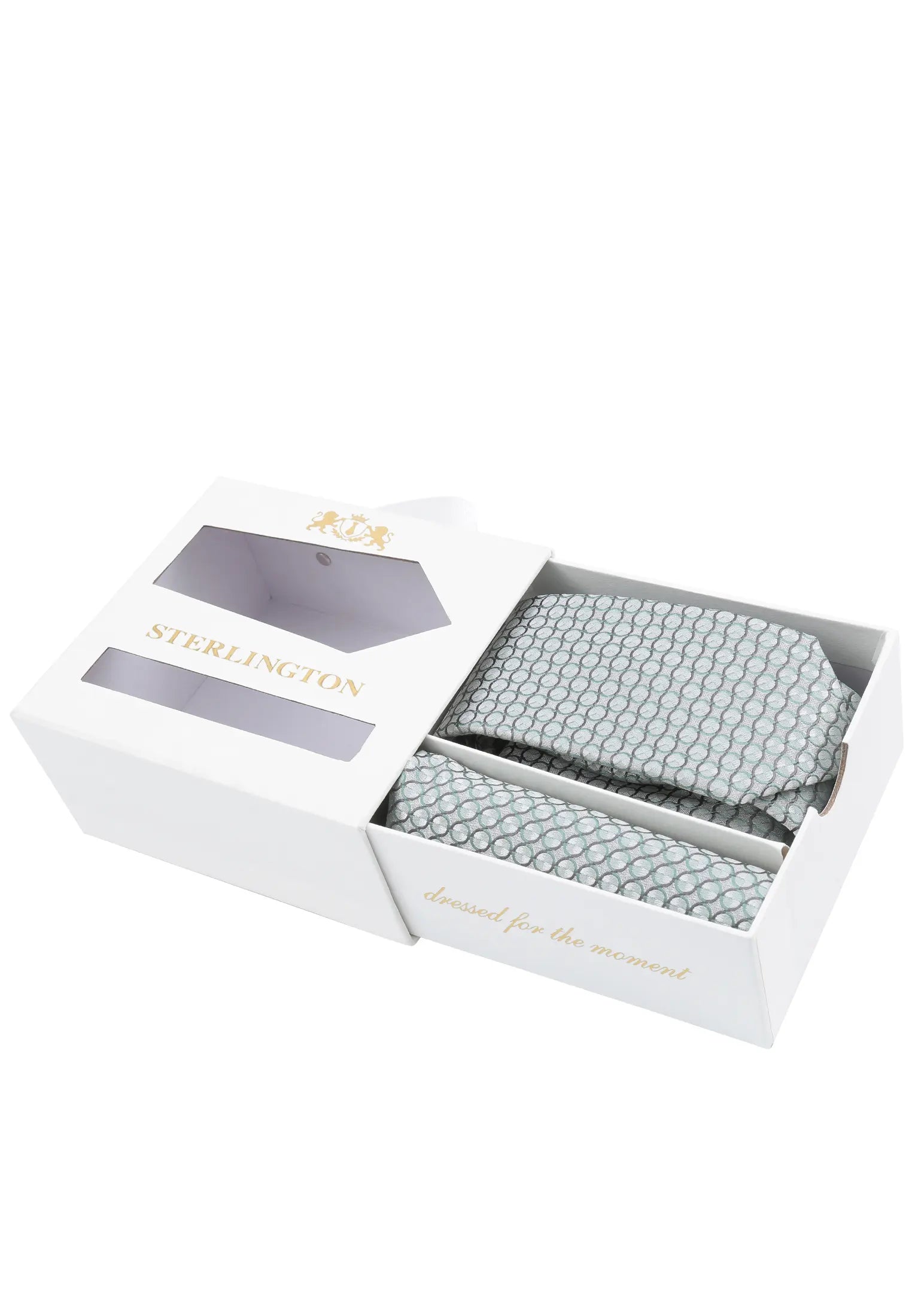 (Grün) Krawatte Einstecktuch Set Sterlington – Geschenkbox schräg geöffnet