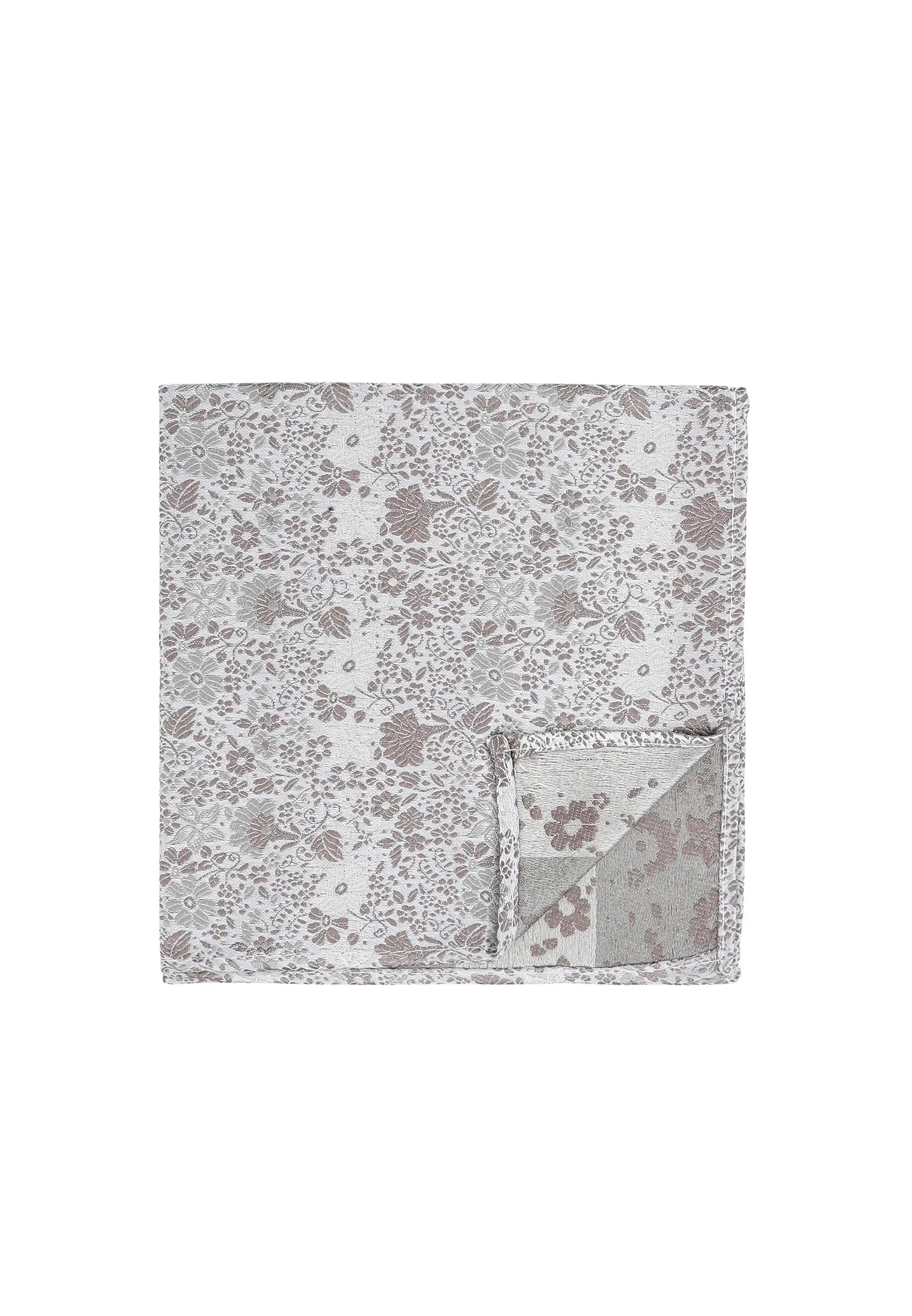 (Taupe) Einstecktuch Hochzeit Floral Seide – Detailansicht mit Ecke umgeschlagen