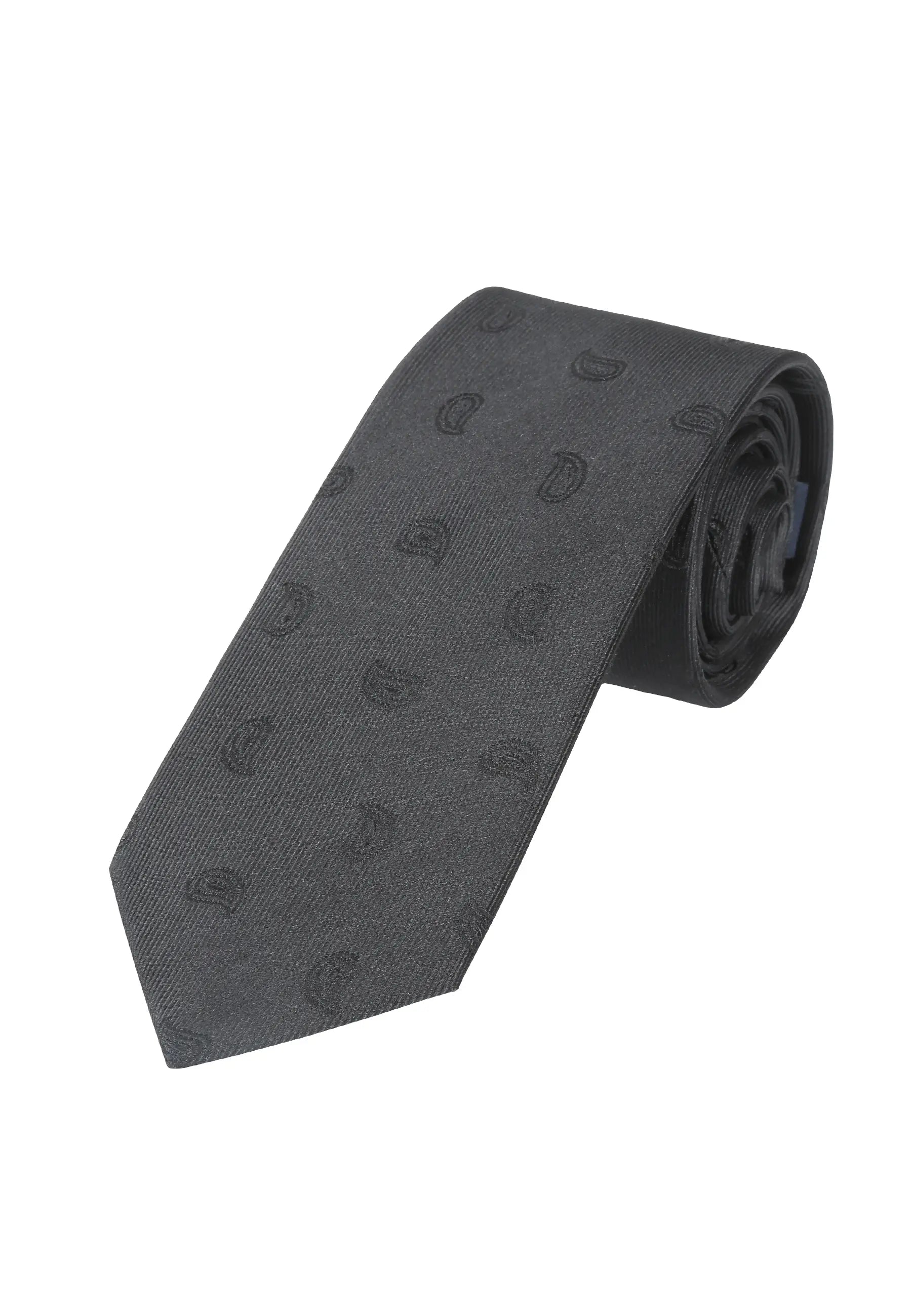(Schwarz Paisley) Schwarze Trauerkrawatte aus 100% Seide mit Ton-in-Ton Muster, 7,5cm
